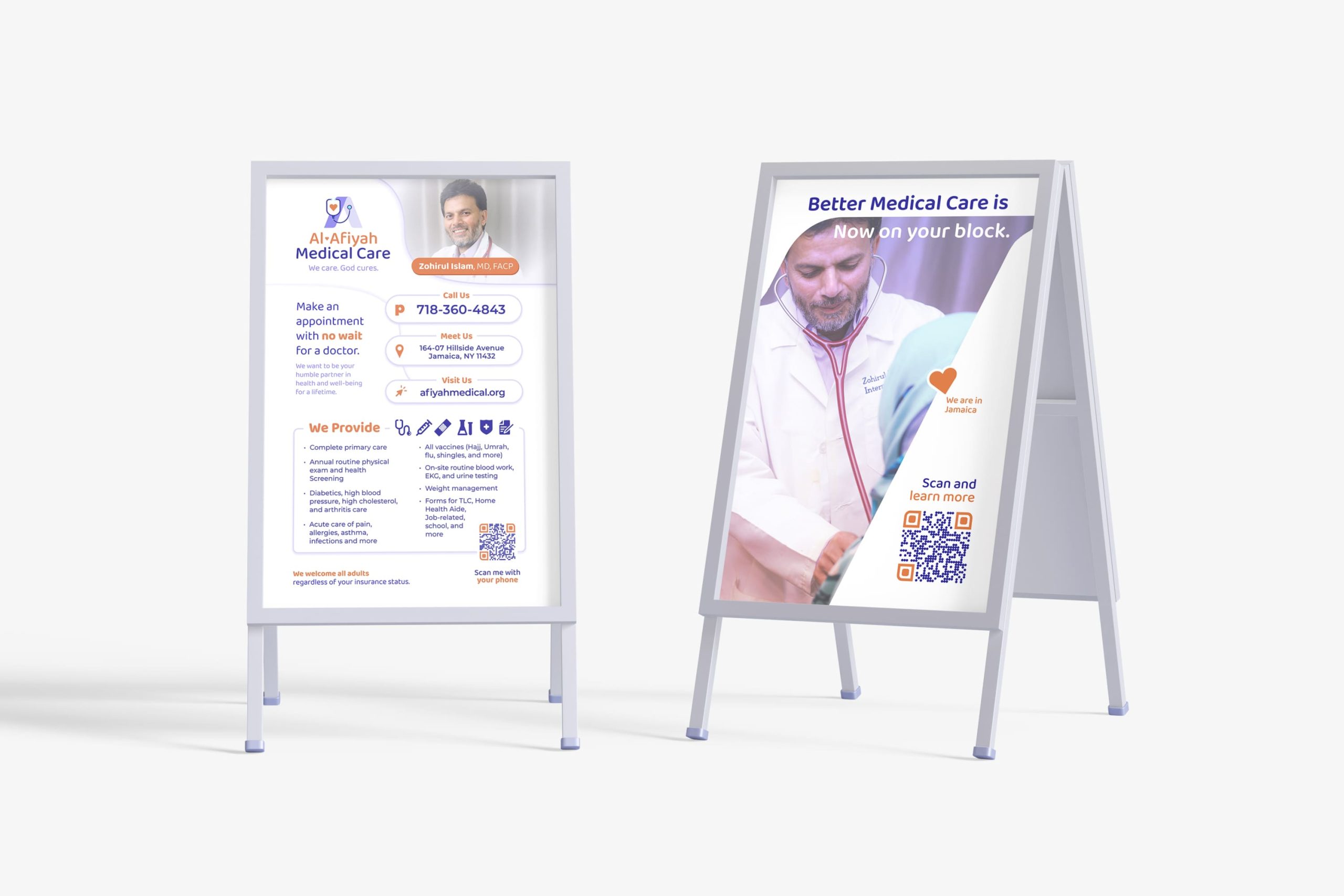 Laptop and vertical monitor setup displaying the responsive homepage design for Afiyah Medical Care, showcasing service descriptions and appointment booking sections.