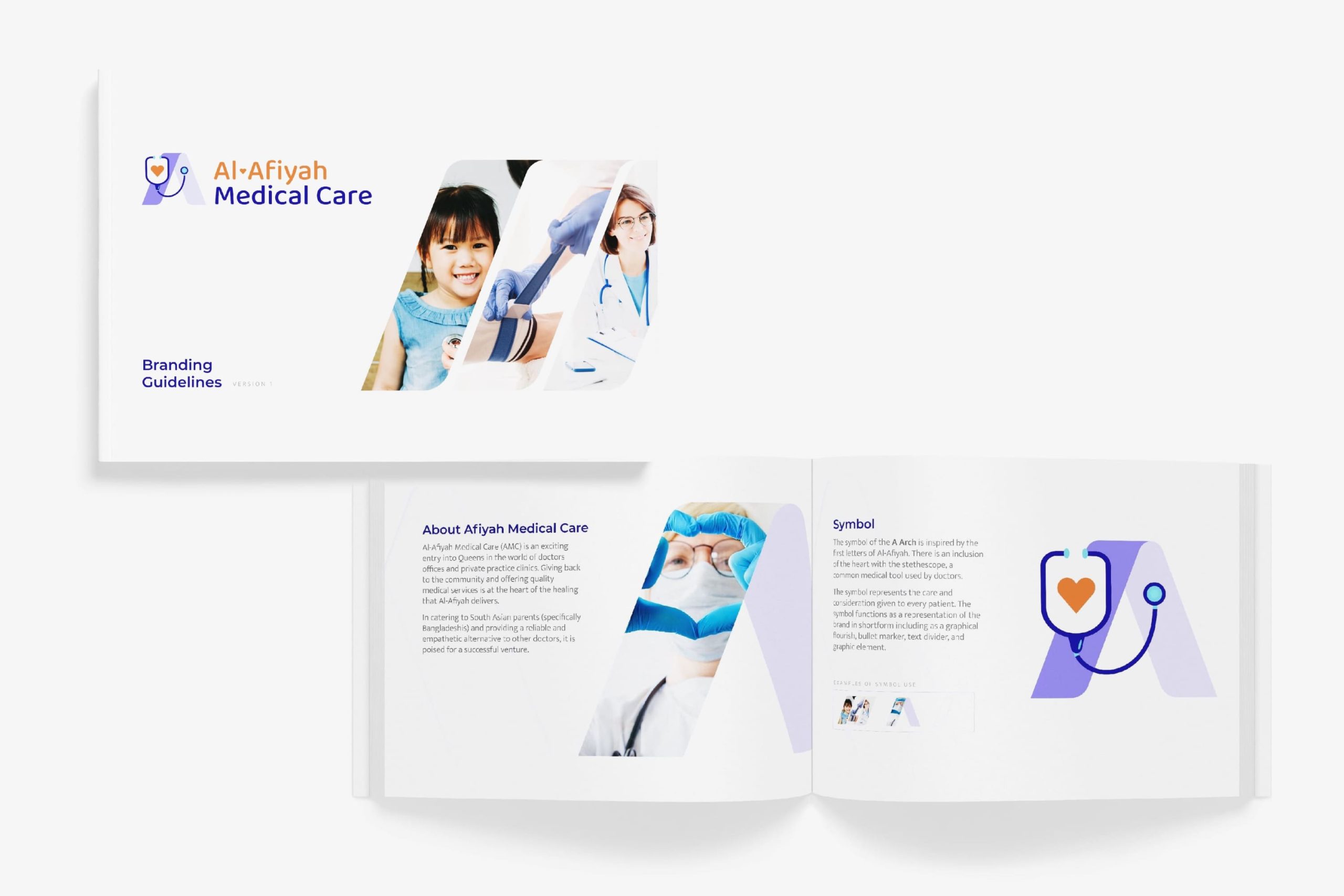 Open brand guidelines booklet displaying the Afiyah Medical Care cover and pages explaining the brand narrative and stethoscope letter A symbol construction.