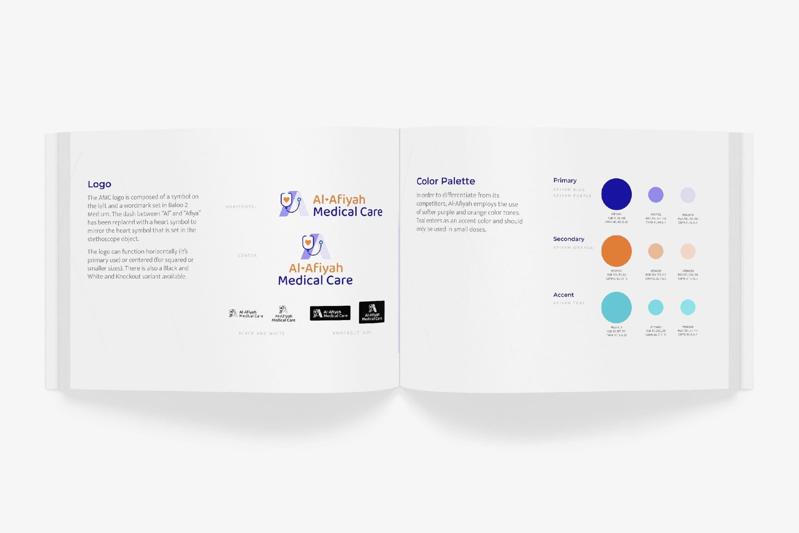 Brand guidelines spread detailing horizontal and stacked logo variations alongside primary and secondary color swatches in blue, purple, orange, and teal.