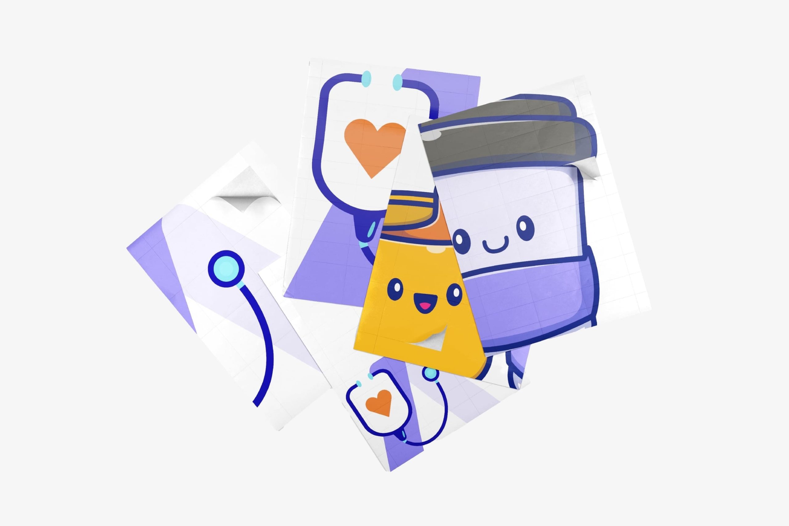Assorted square stickers with cartoon healthcare characters, a medicine bottle mascot, and the Afiyah stethoscope heart logo.