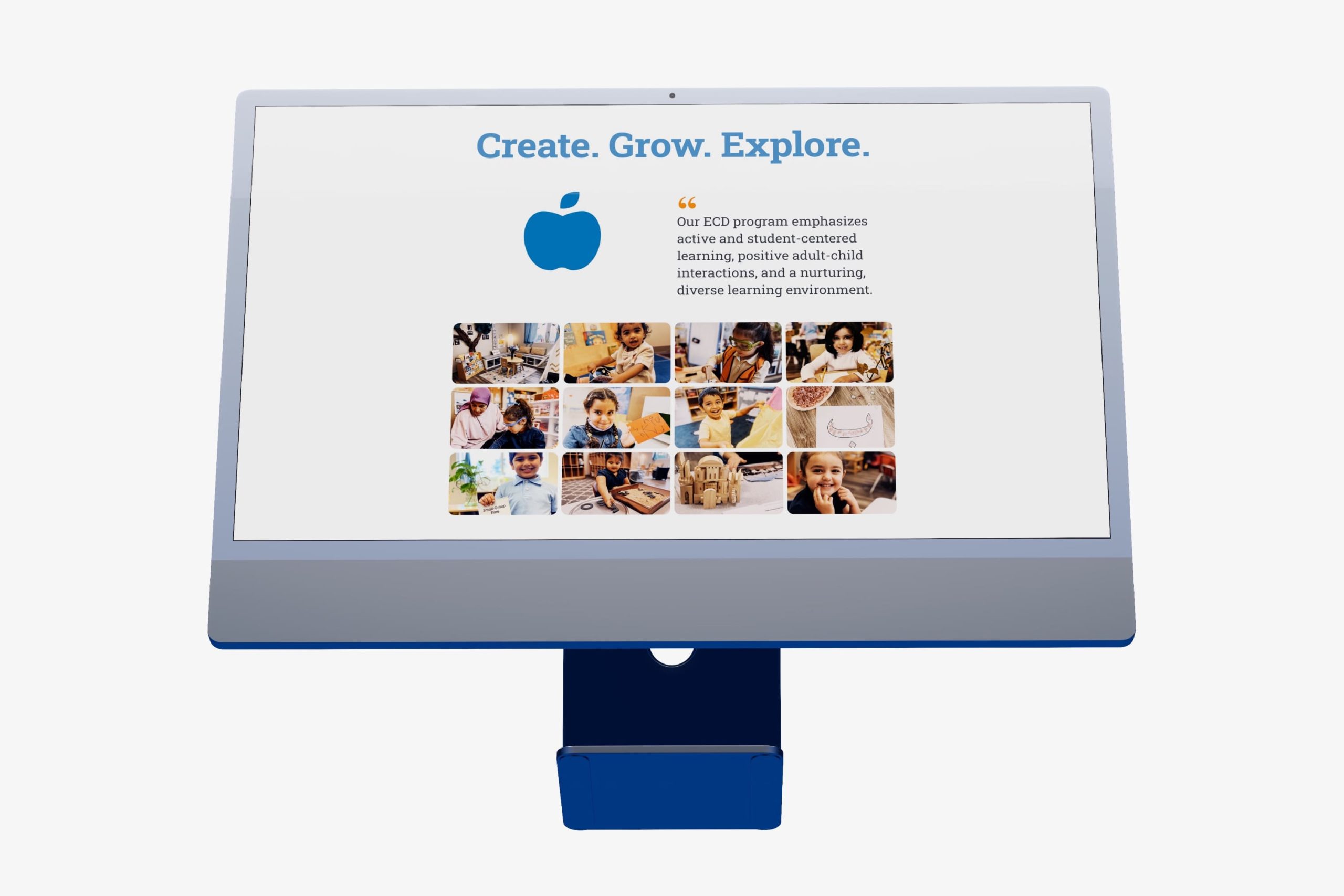 Desktop monitor showcasing the Create. Grow. Explore. early childhood education section with an apple icon, program quote, and ten classroom activity photos.