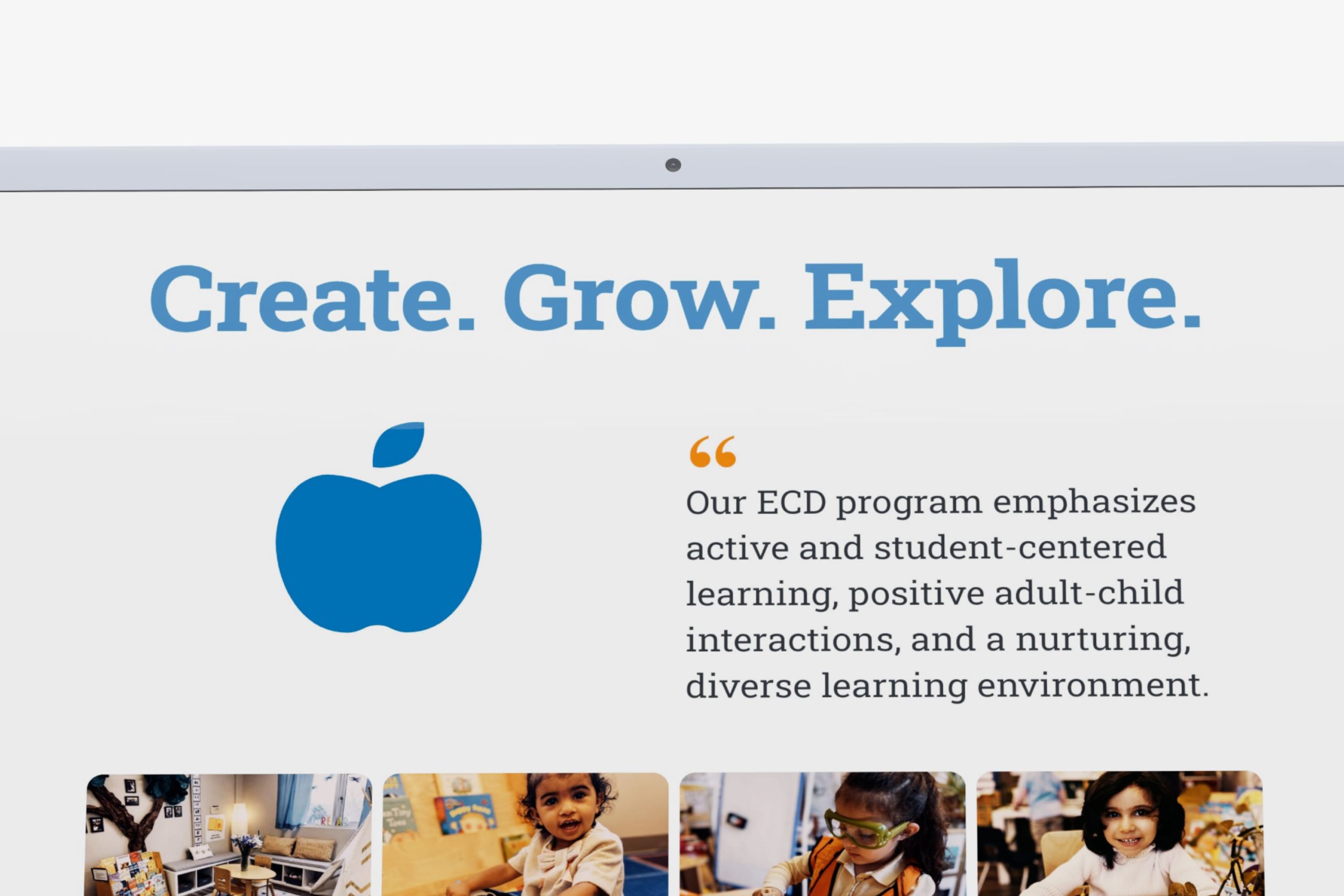 Angled close-up view of the Create. Grow. Explore. early childhood education section, highlighting the typography, apple icon, and classroom photo tiles.