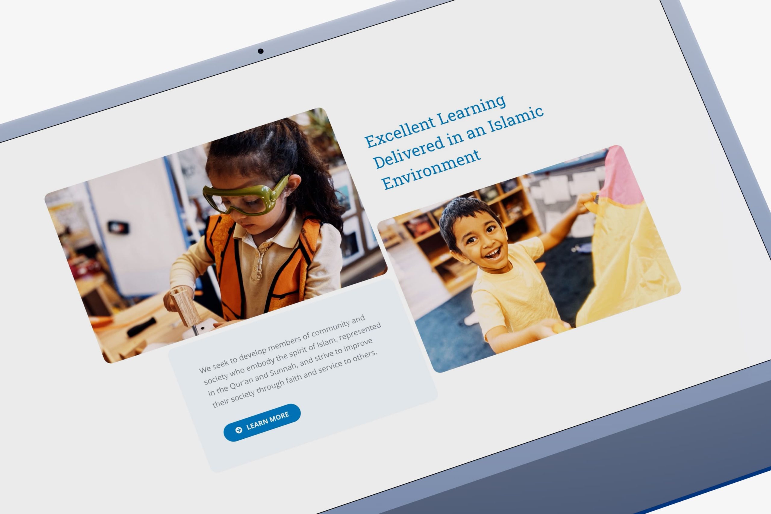 Full-page vertical scroll preview alongside a desktop monitor showing the Annoor Academy homepage layout and grade-level educational progression cards from early childhood to high school.
