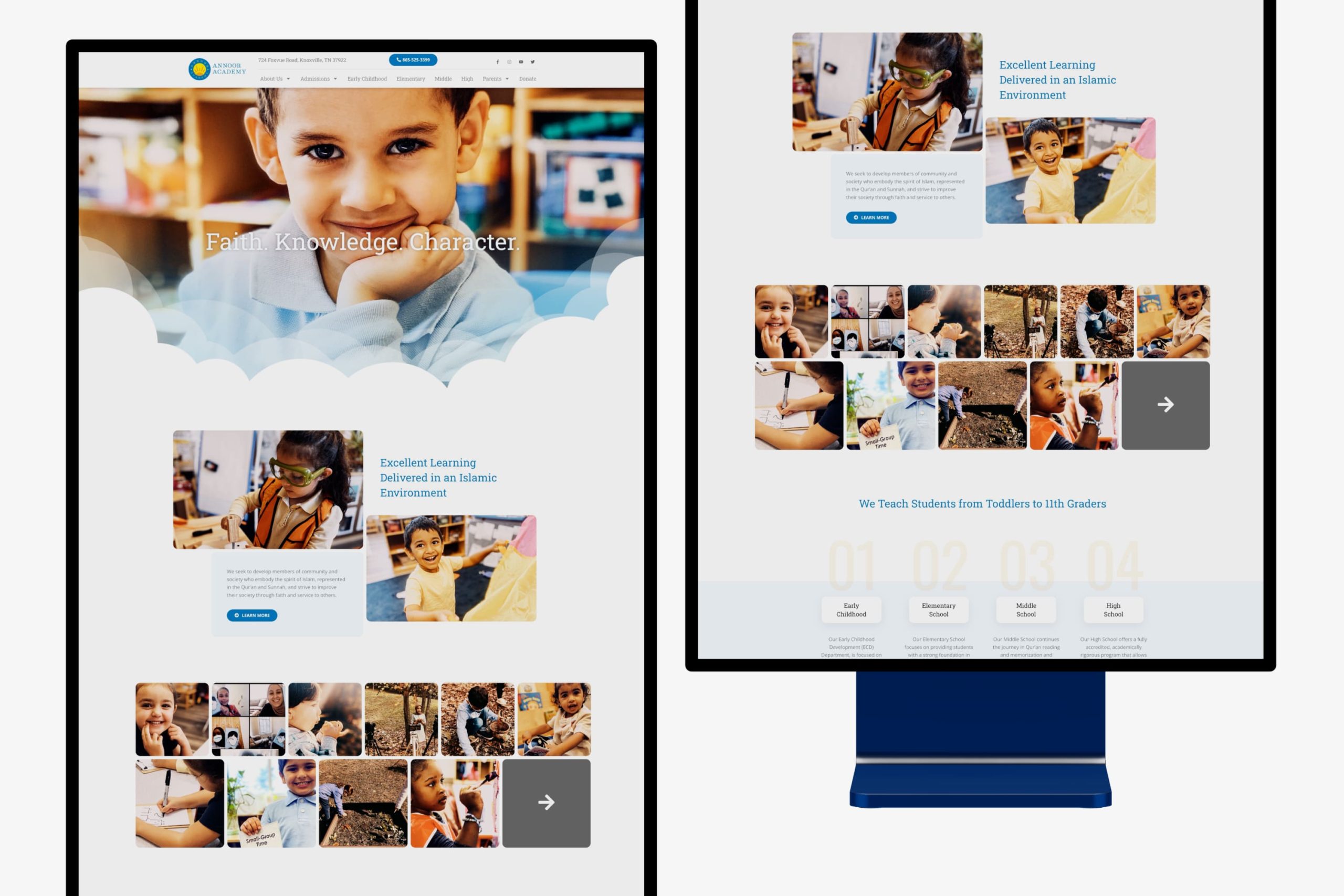 Angled view of a desktop monitor displaying the mission statement section with student classroom photos and a blue Learn More button.