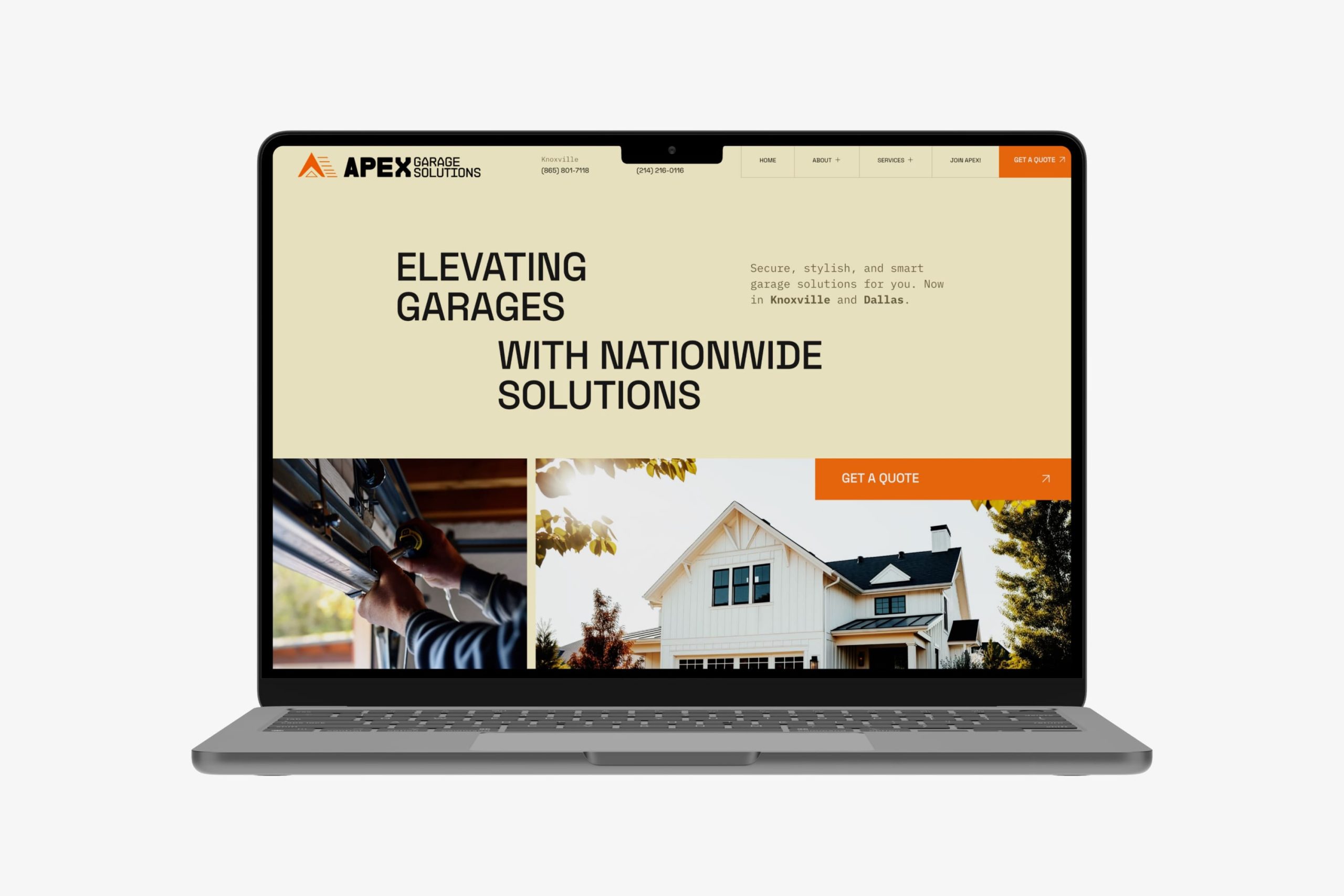 Laptop displaying the APEX Garage Solutions website hero section with the headline Elevating Garages with Nationwide Solutions, location phone numbers, and a quote request button.