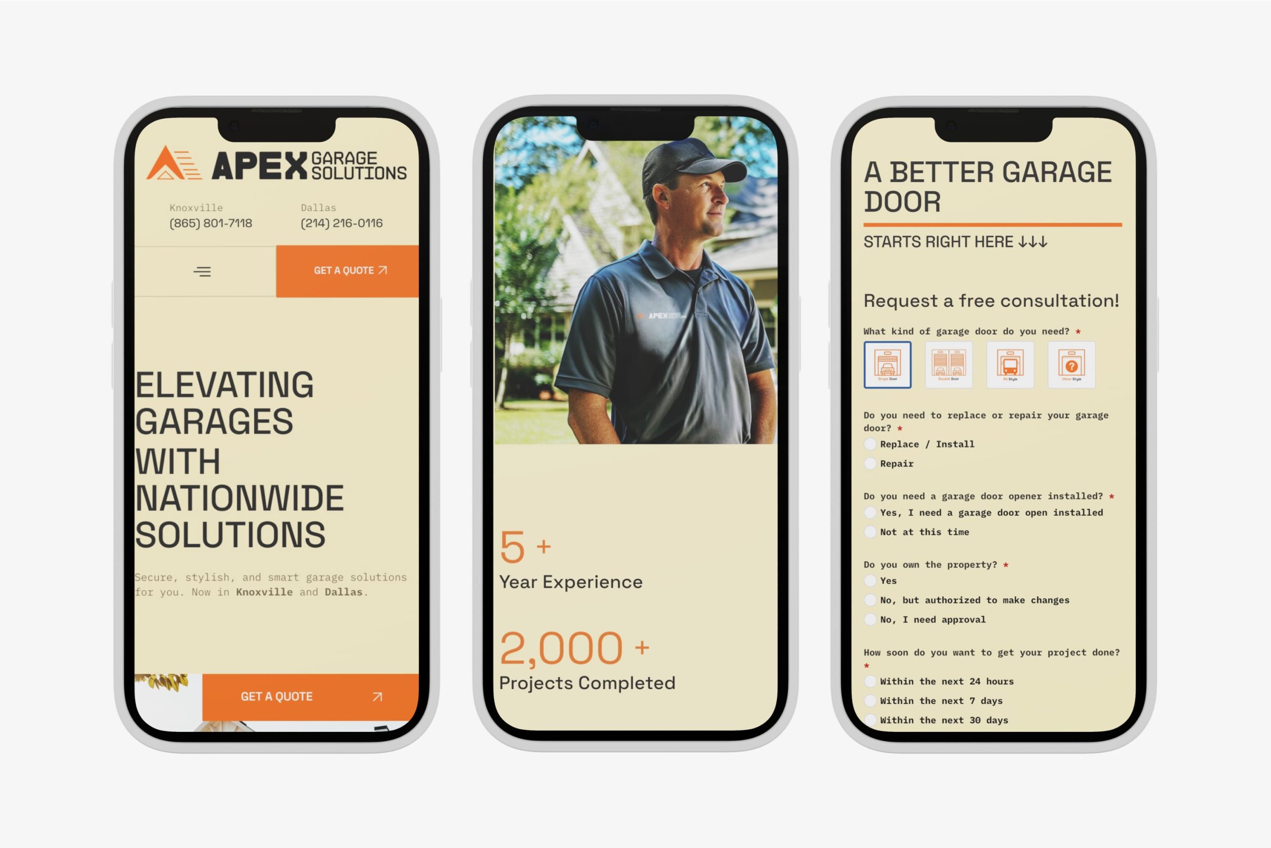 Three mobile screens displaying the responsive website layout, company experience statistics, and an online quote consultation form.