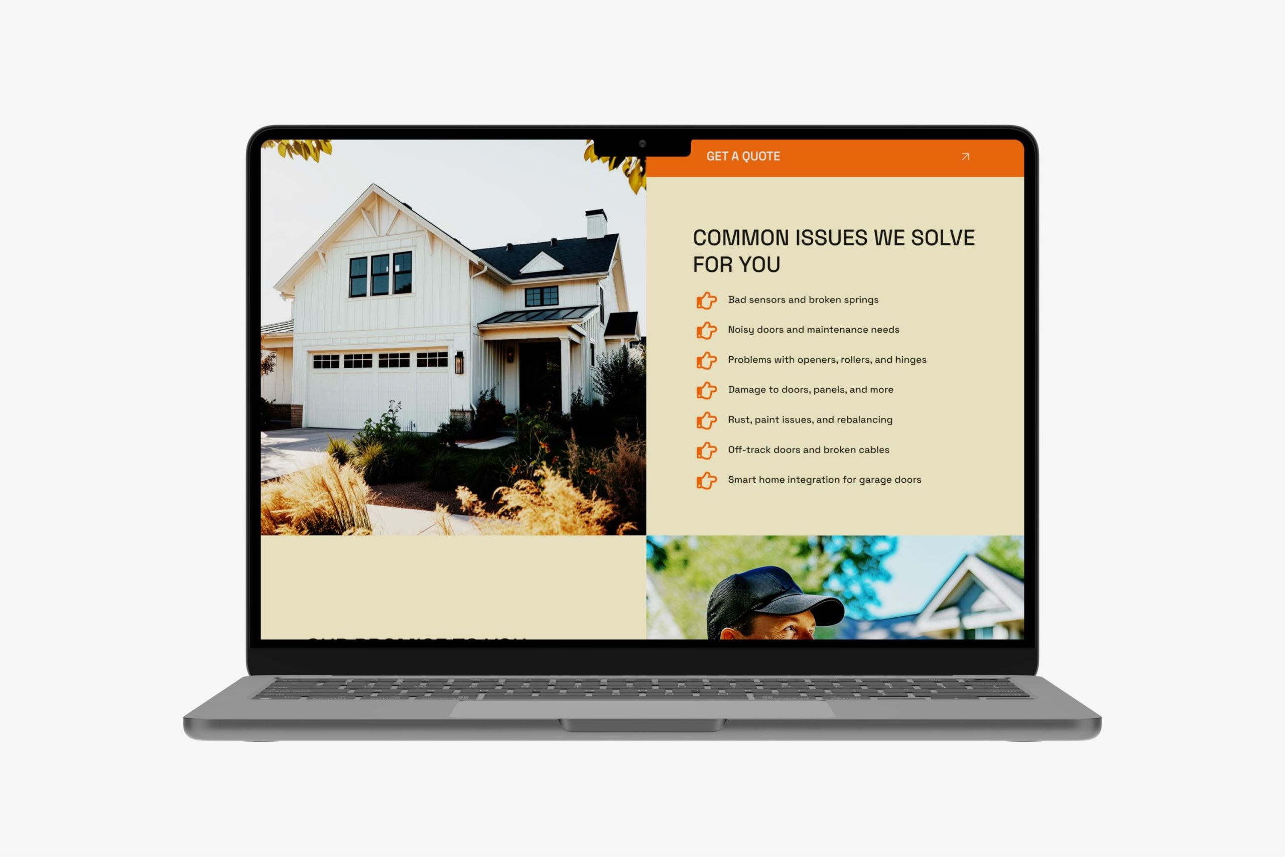Laptop displaying the Common Issues We Solve For You website section with checkmarks for broken springs, noisy doors, and smart home integration next to a residential garage image.