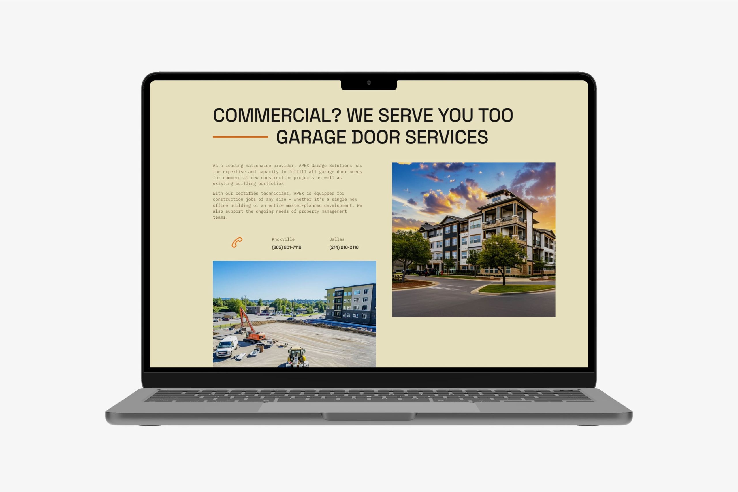 Laptop displaying the commercial garage door services webpage section with multi-story apartment and construction site photography.