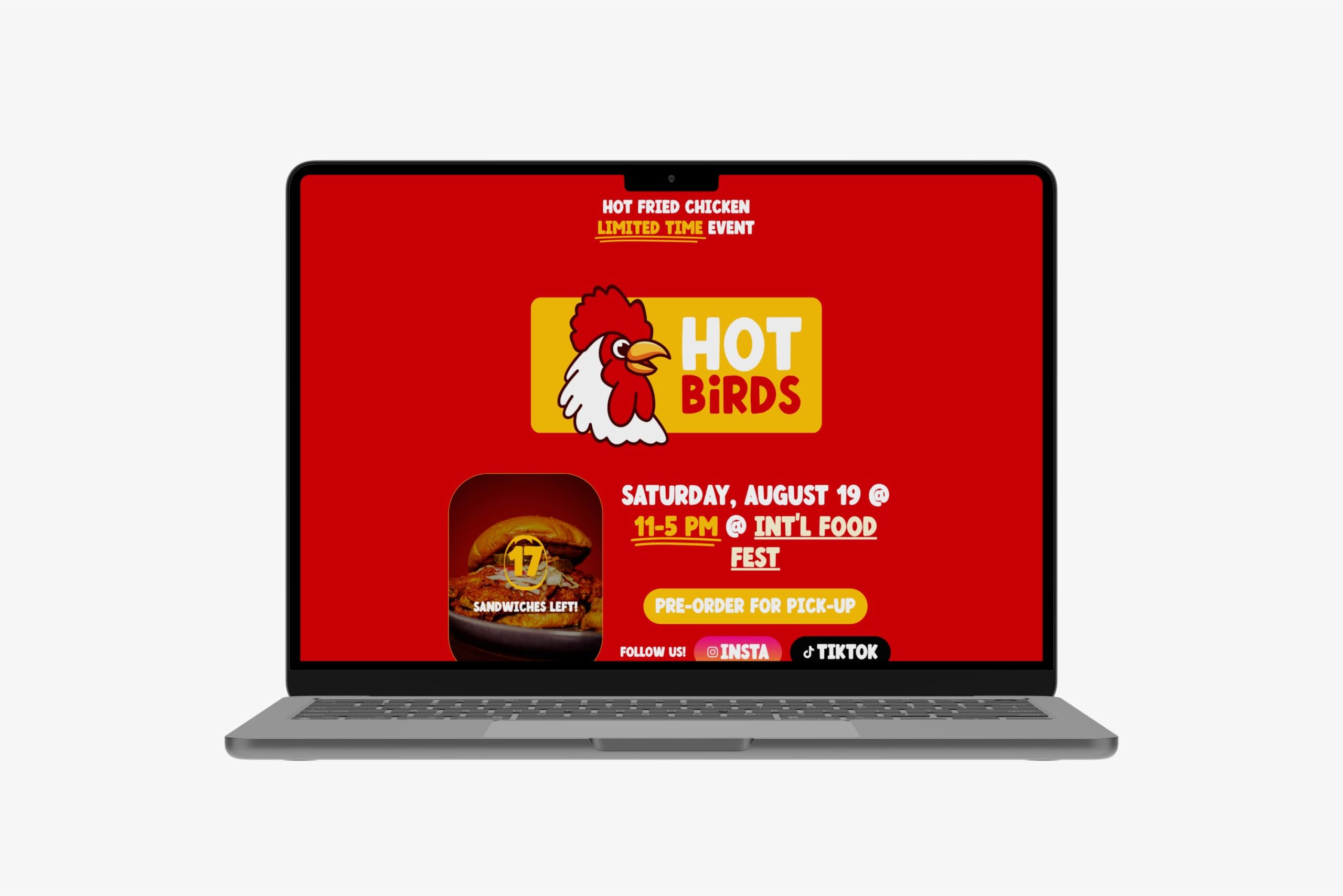 Laptop displaying the Hot Birds event pre-order web page with a bold red background, countdown banner reading 17 Sandwiches Left, and a Pre-Order for Pick-Up button.