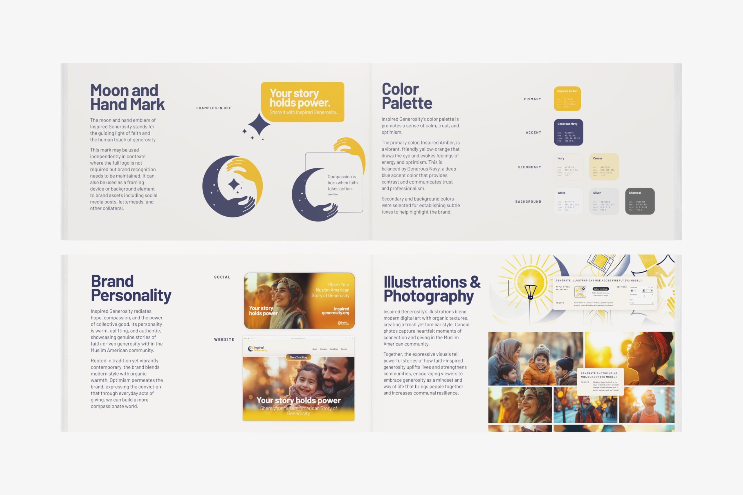 Brand guidelines spread detailing illustration and photography styles alongside social media header mockups with the headline Your story holds power.