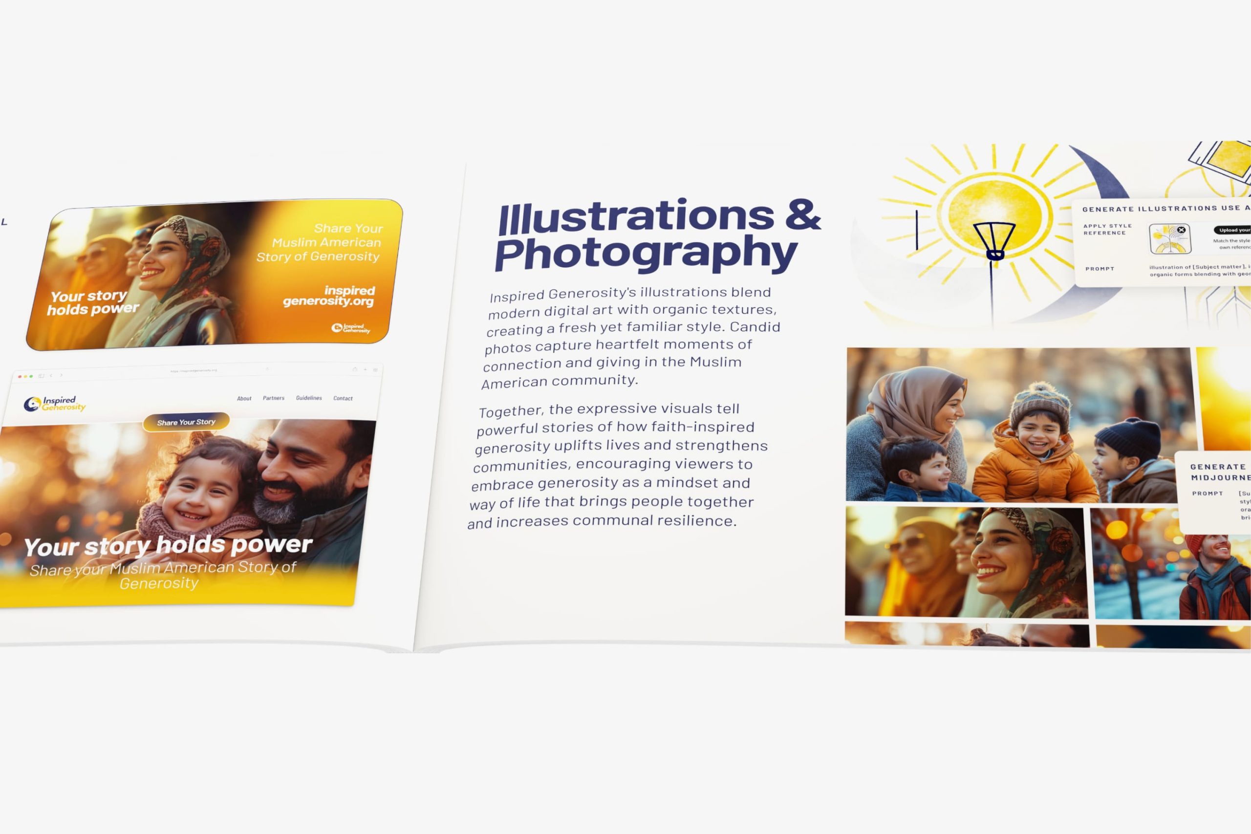 Brand manual pages specifying the moon and hand symbol geometry, Inspired Amber and Generous Navy color palette, and personality attributes.