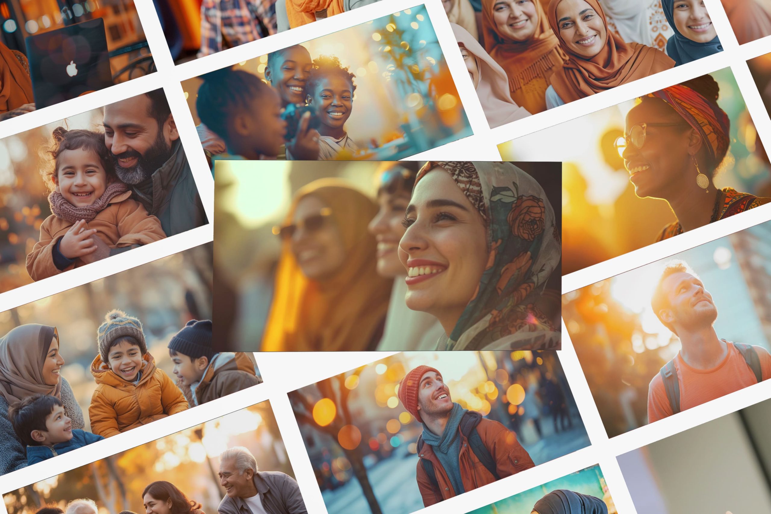 Collage grid of AI-generated portraits featuring diverse Muslim American individuals, families, and elders in warm golden-hour lighting.