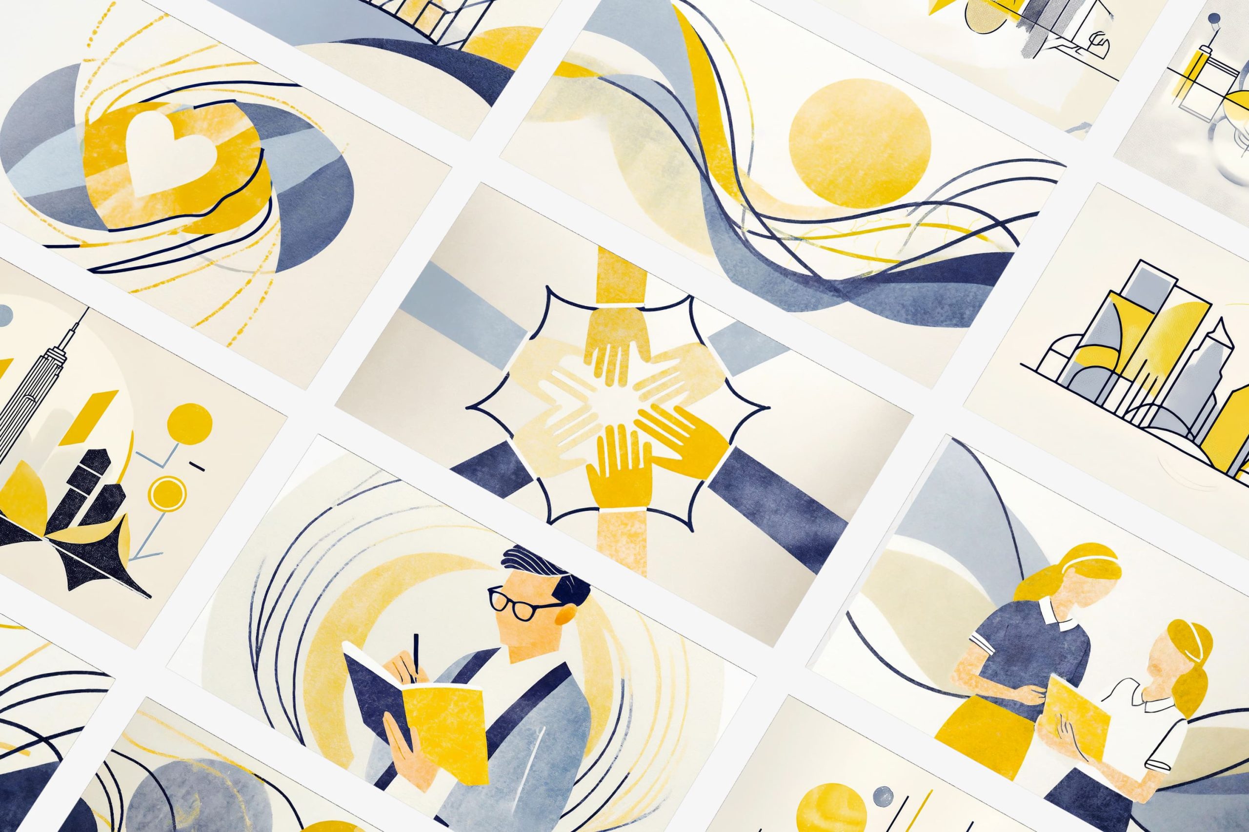 Grid of custom minimalist vector illustrations in navy, gold, and ivory depicting joined hands, writing, mentoring, and community motifs.