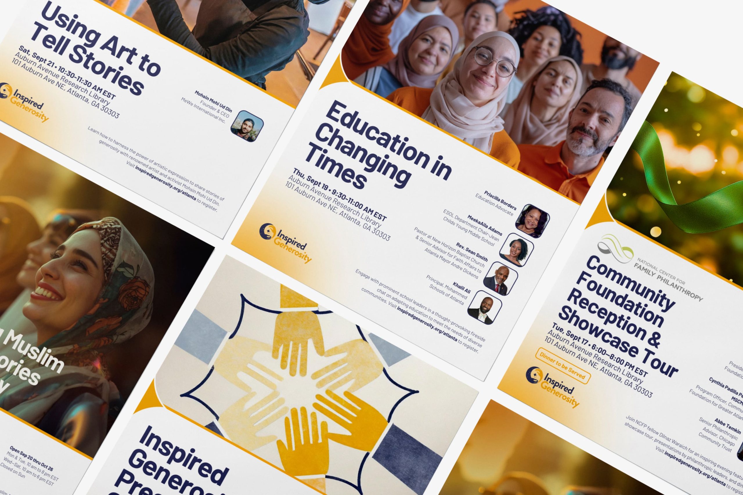 Grid of promotional event posters and flyers for Atlanta library exhibitions, panel discussions, and community foundation receptions.