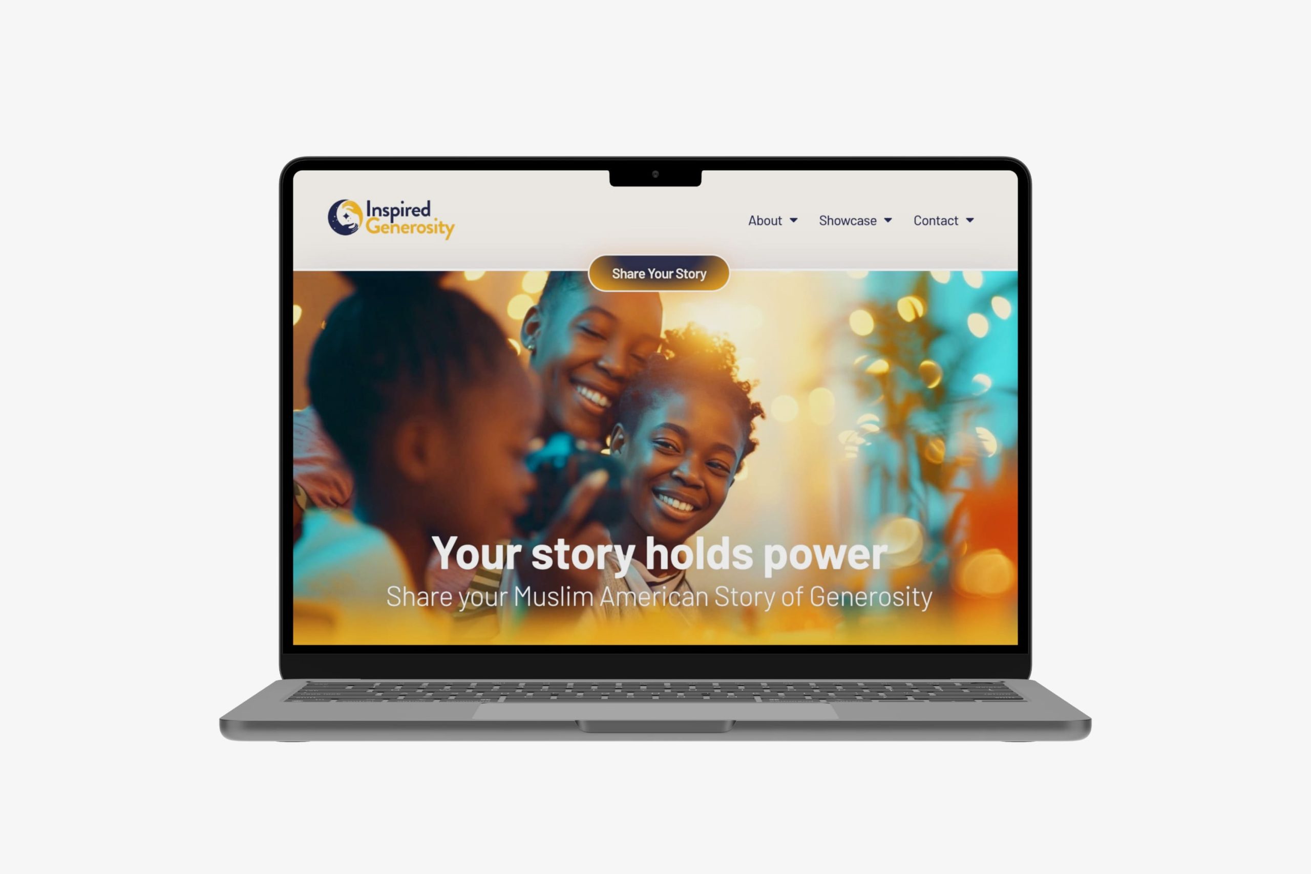 Laptop displaying the Inspired Generosity website hero section with the headline Your story holds power, a Share Your Story button, and student photography.