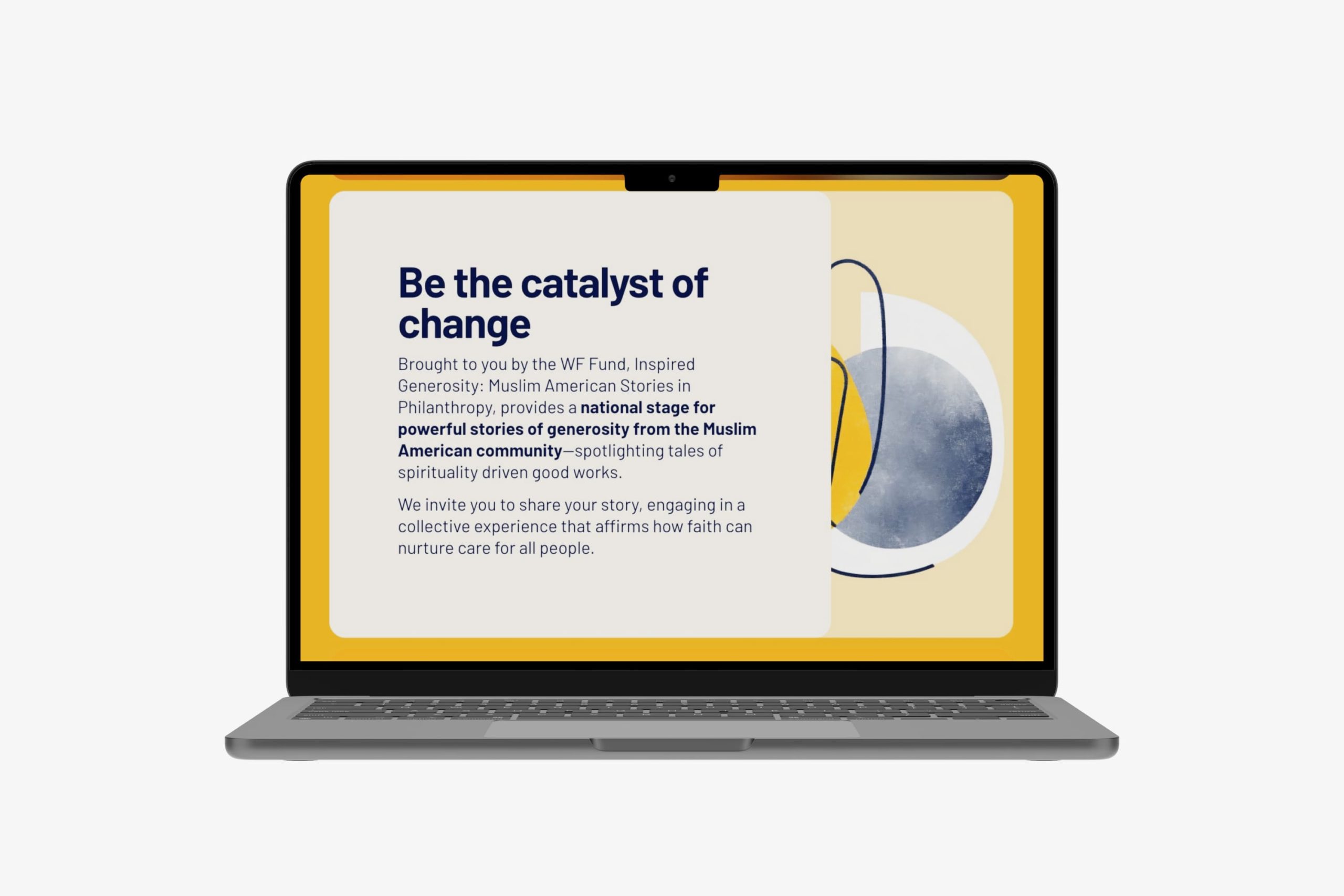 Laptop displaying the Be the catalyst of change mission section with initiative descriptions and geometric graphic accents.