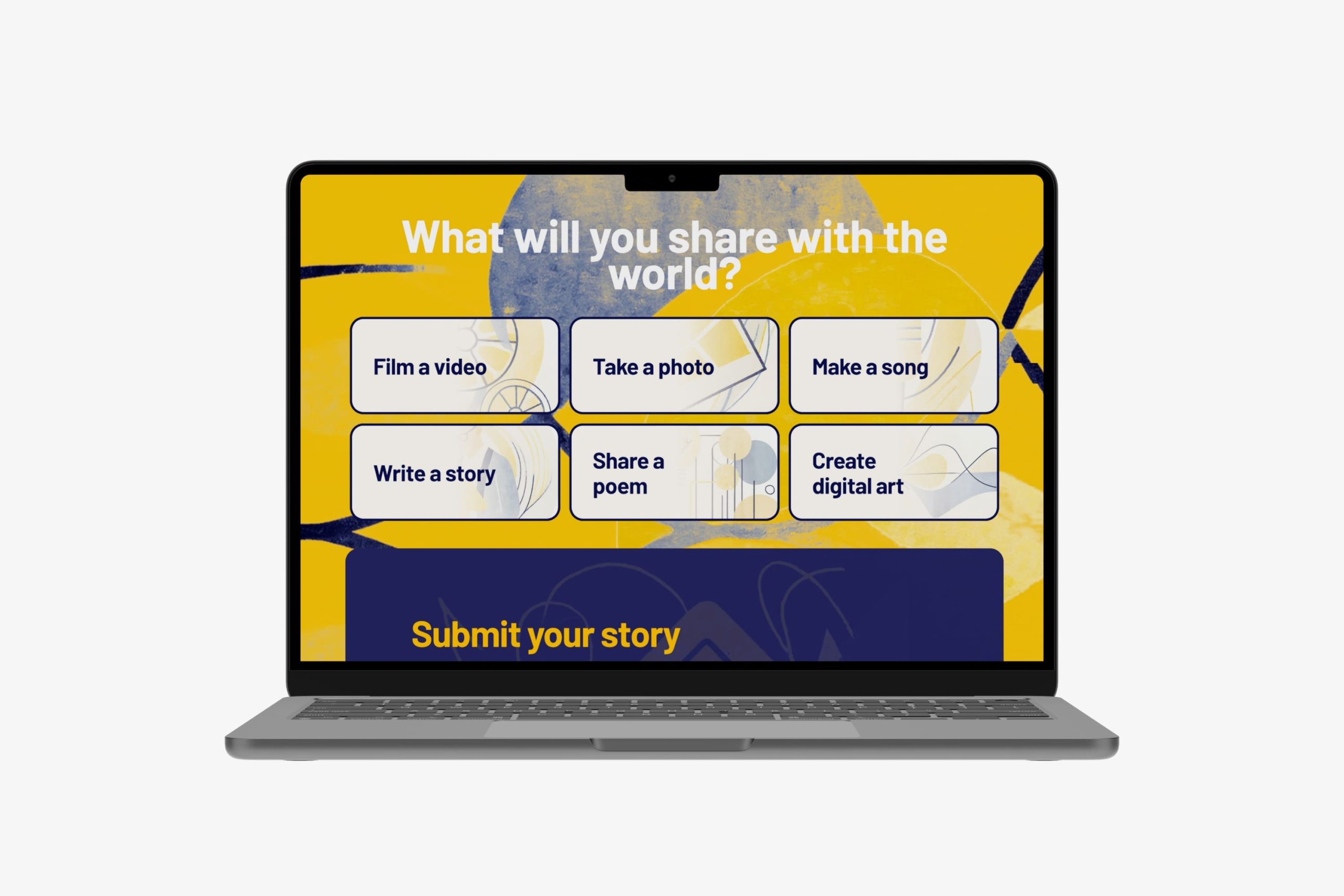 Laptop displaying the story submission interface with six selectable format cards including video, photo, song, story, poem, and digital art.