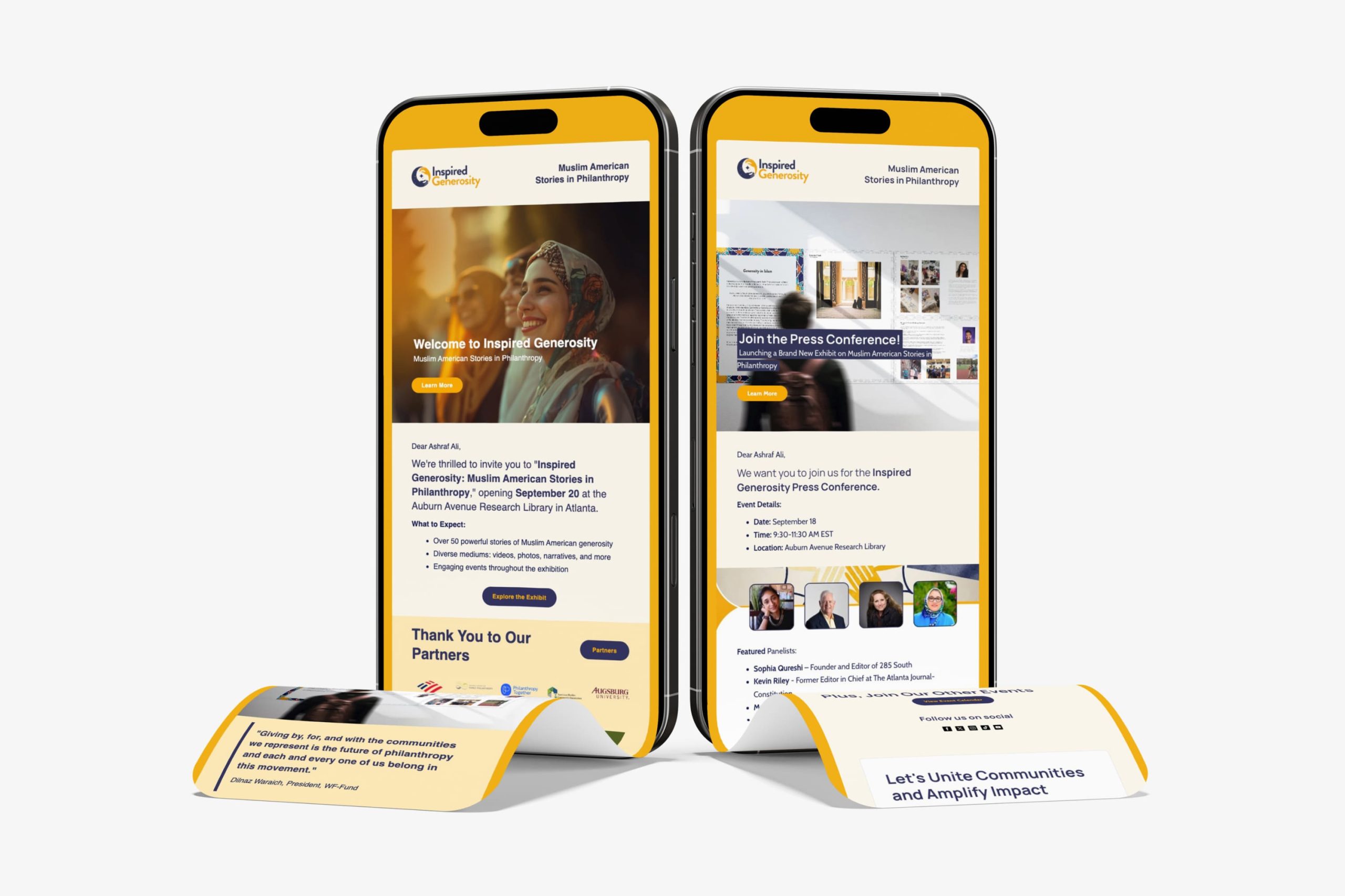 Two mobile screens displaying email newsletter layouts for the exhibition opening invitation and press conference announcement.