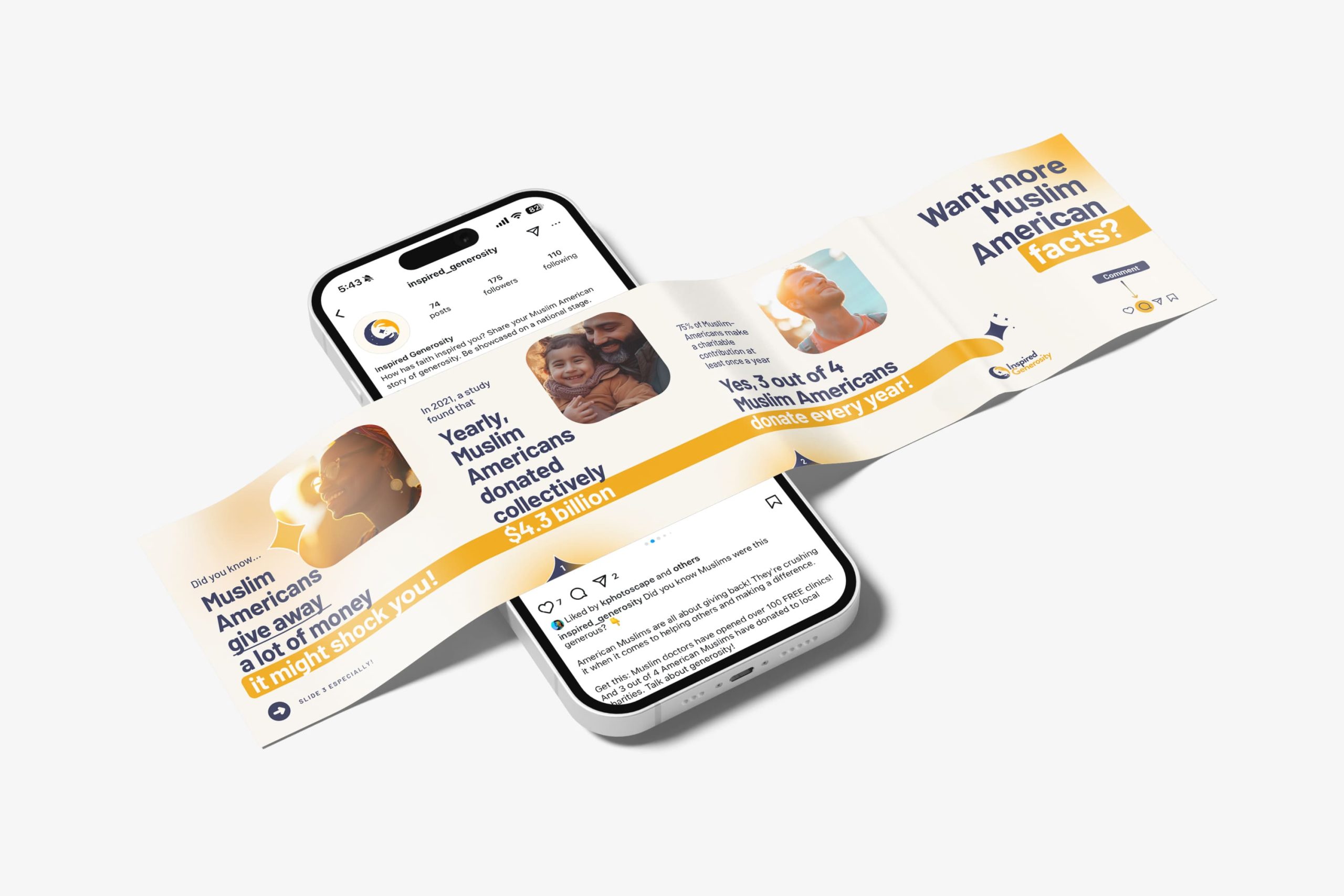 Smartphone displaying an extended horizontal accordion banner for an educational Instagram carousel about Muslim American charitable giving statistics.
