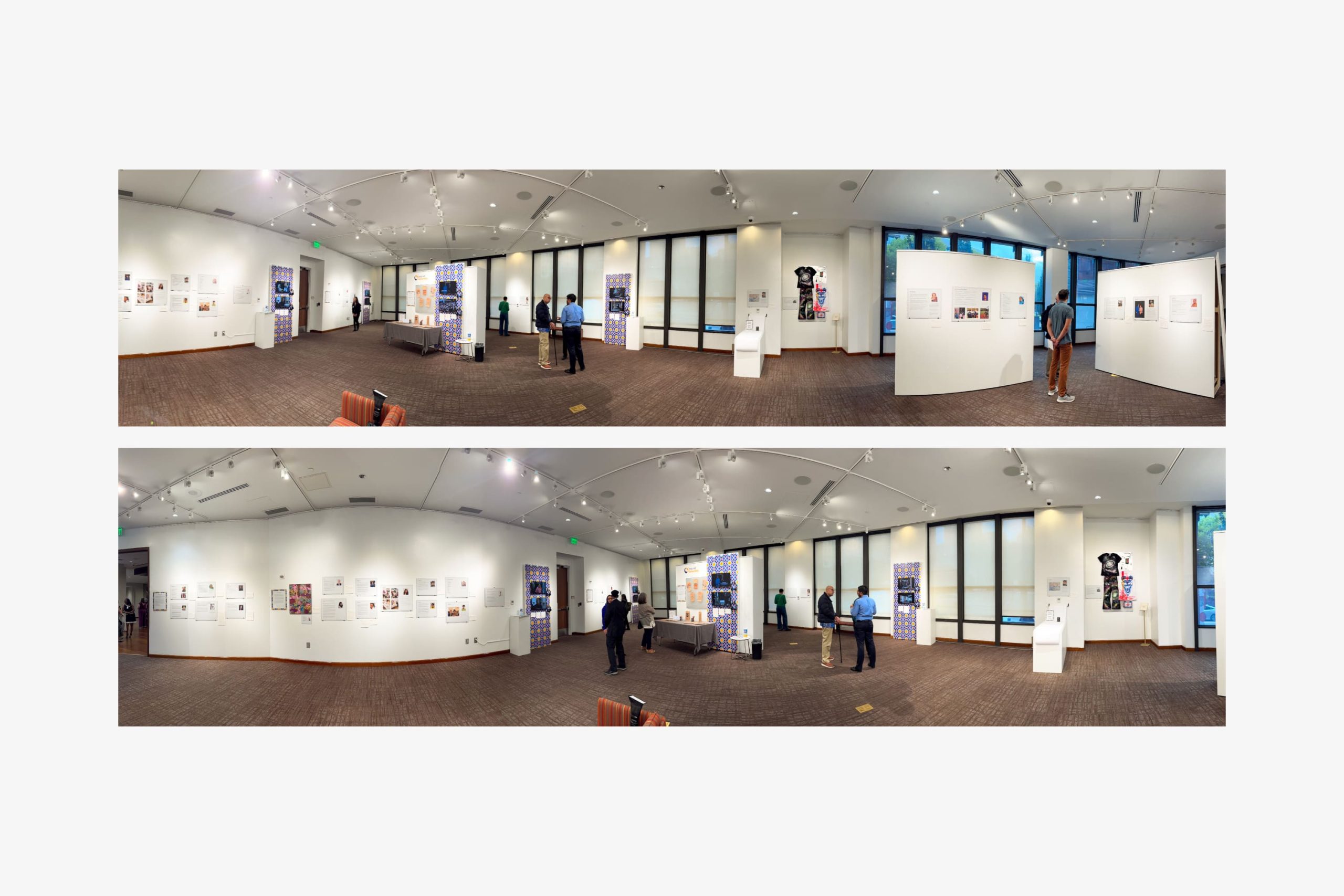 Two panoramic interior photos showing the Inspired Generosity exhibition hall at the Auburn Avenue Research Library with freestanding display panels and visitors.