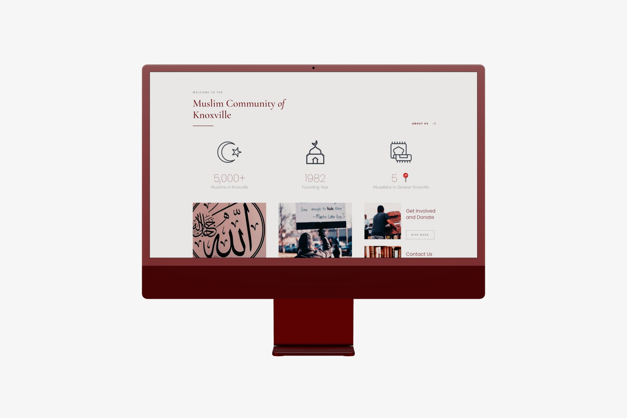 Angled close-up of a desktop screen showing community metrics with icons for 5,000+ Muslims in Knoxville, 1982 Founding Year, and 5 Musallahs in Greater Knoxville.