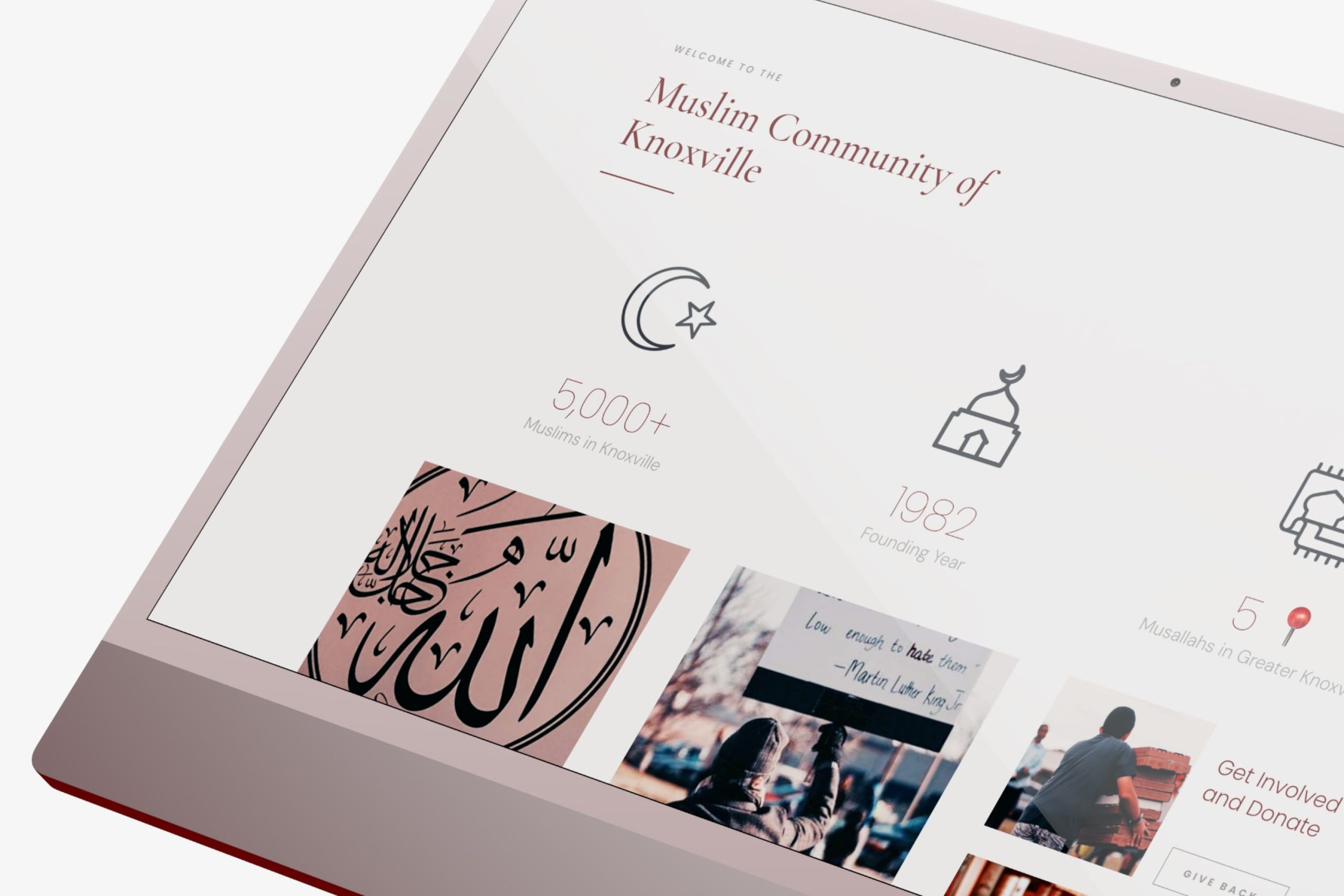 Desktop monitor displaying the Zakat, Fidyah, and Sadaqah financial assistance section with four categorized photo cards.