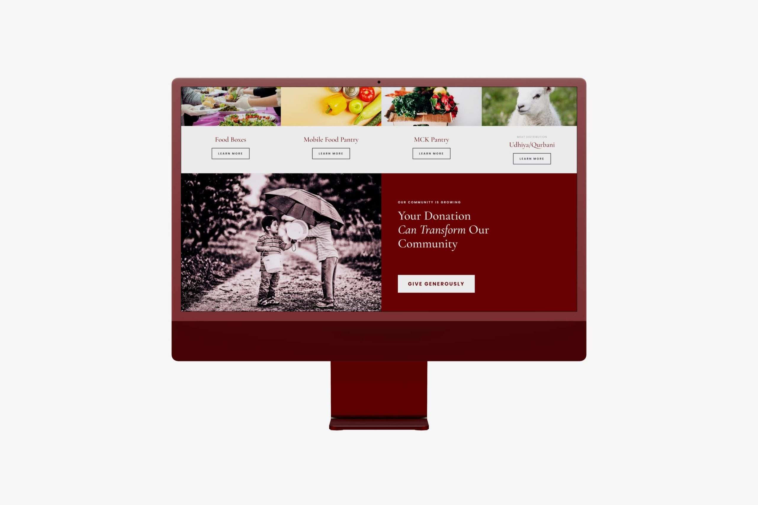 Front-facing desktop monitor displaying the Welcome to the Muslim Community of Knoxville section with community statistics and an involvement photo grid.