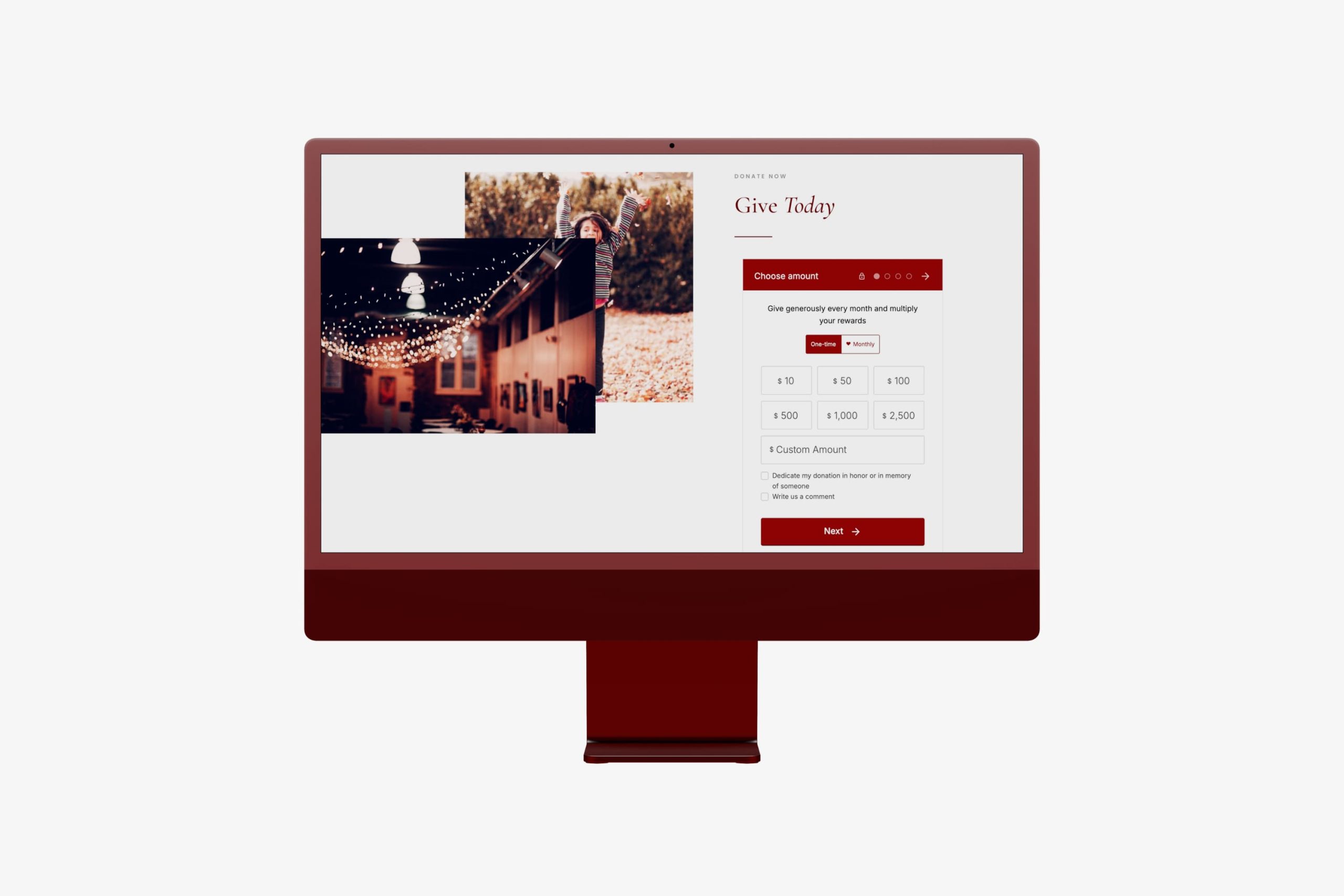 Angled view of a desktop monitor displaying religious services cards for Prayers and Jumu'ah, Marriage, and Funeral services.