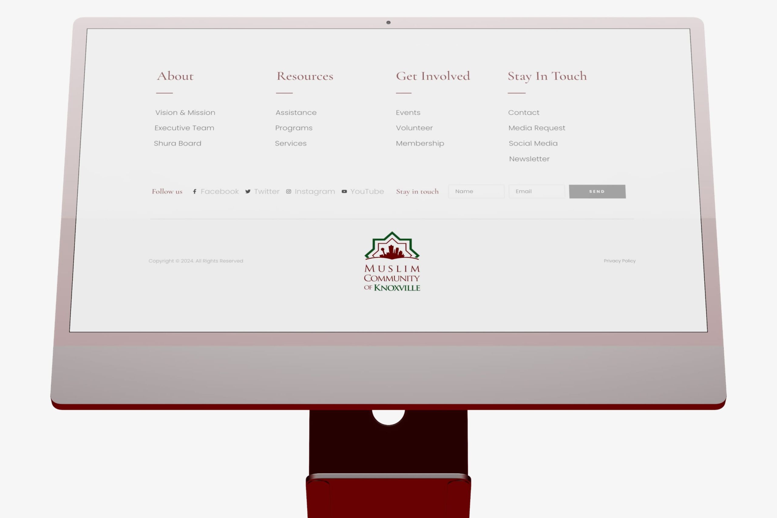 Front-facing desktop monitor displaying the Ramadan Better Together landing page with Tarawih schedules, prayer timings, and event sponsorship links.