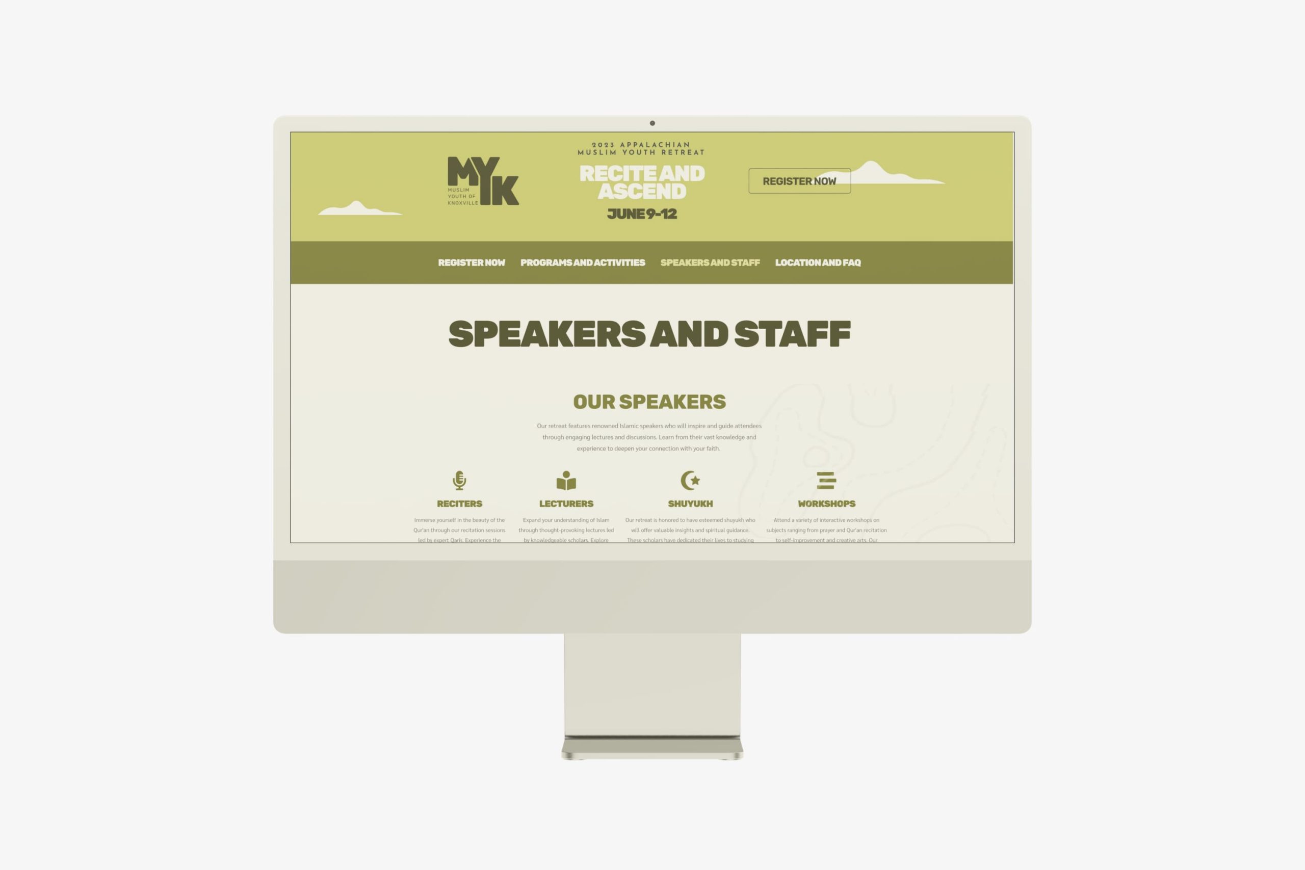Desktop monitor displaying the Speakers and Staff webpage section with dark green navigation tabs and category icons for Reciters, Lecturers, Shuyukh, and Workshops.