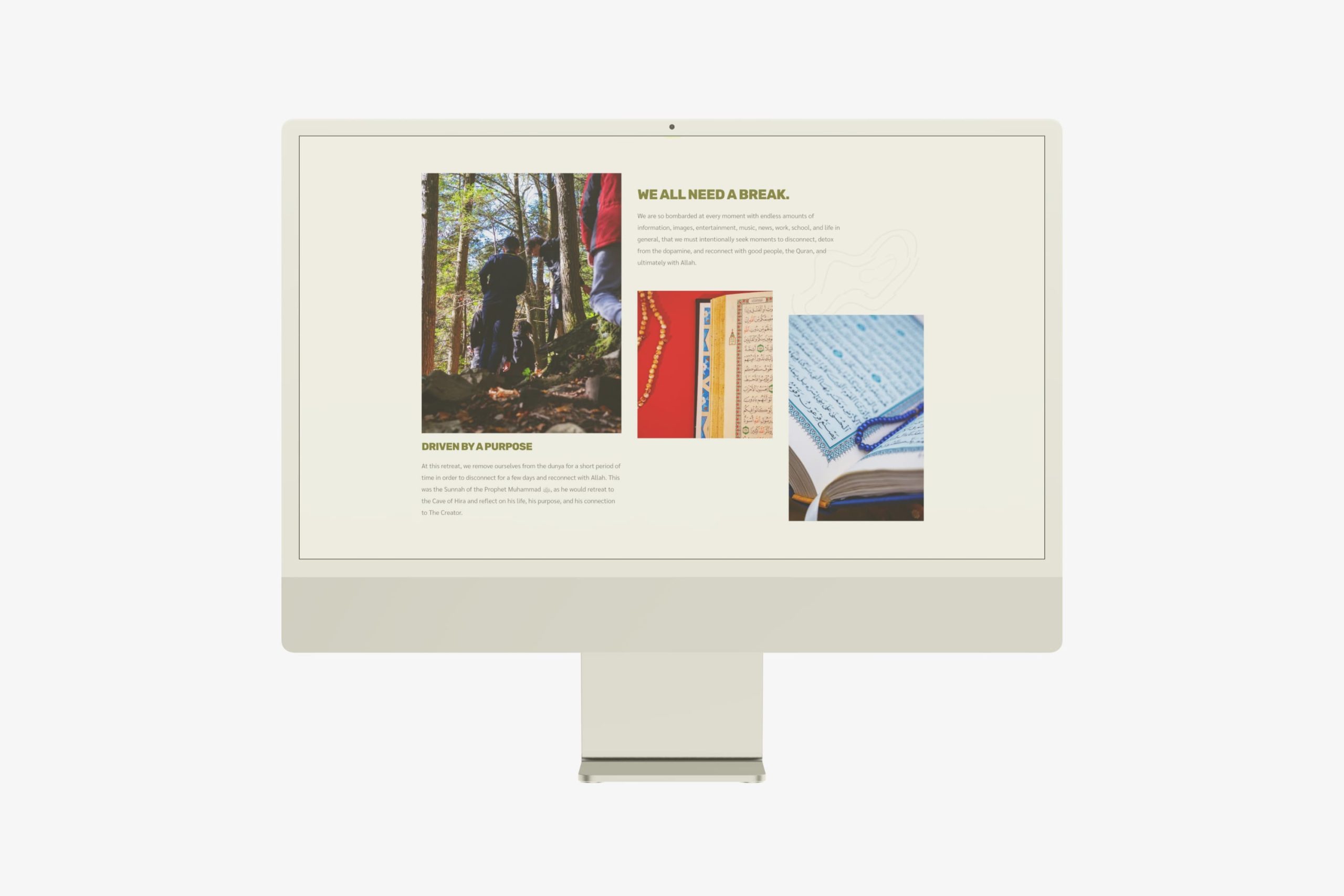 Desktop monitor displaying the retreat narrative section titled We All Need a Break, featuring outdoor hiking photos, prayer beads, and Qur'an manuscript imagery.
