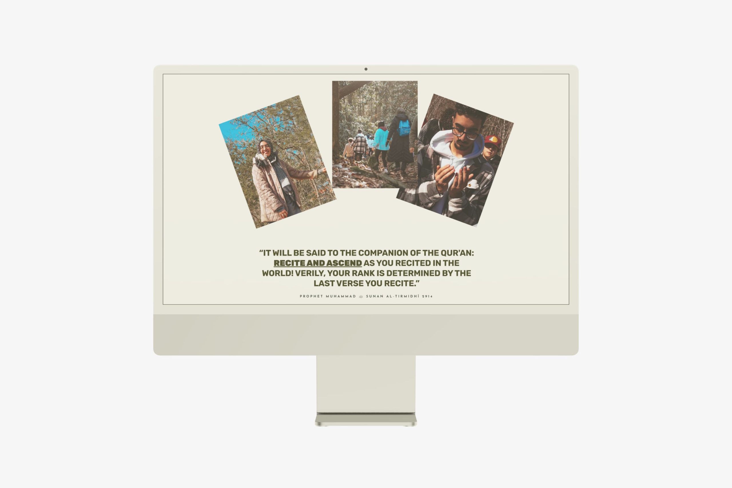 Desktop monitor displaying a prophetic tradition on Qur'an recitation from Sunan al-Tirmidhi alongside three outdoor retreat activity photos.