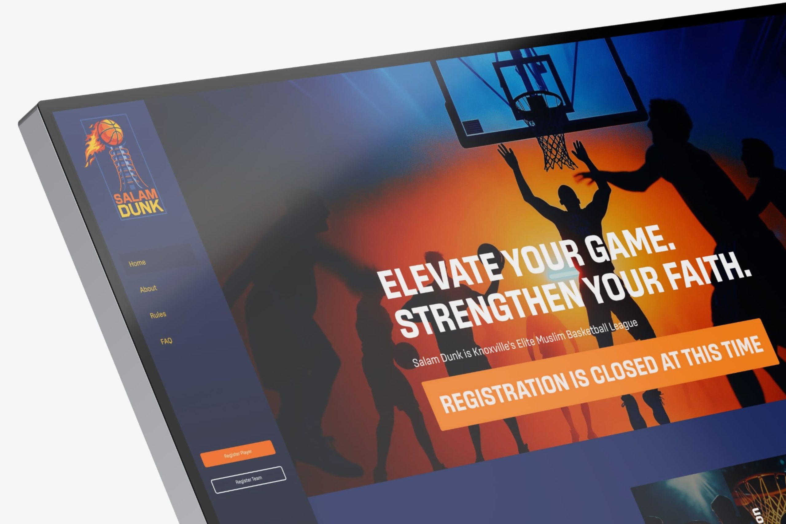 A flaming basketball atop an architectural tower against a geometric orange and navy city background.