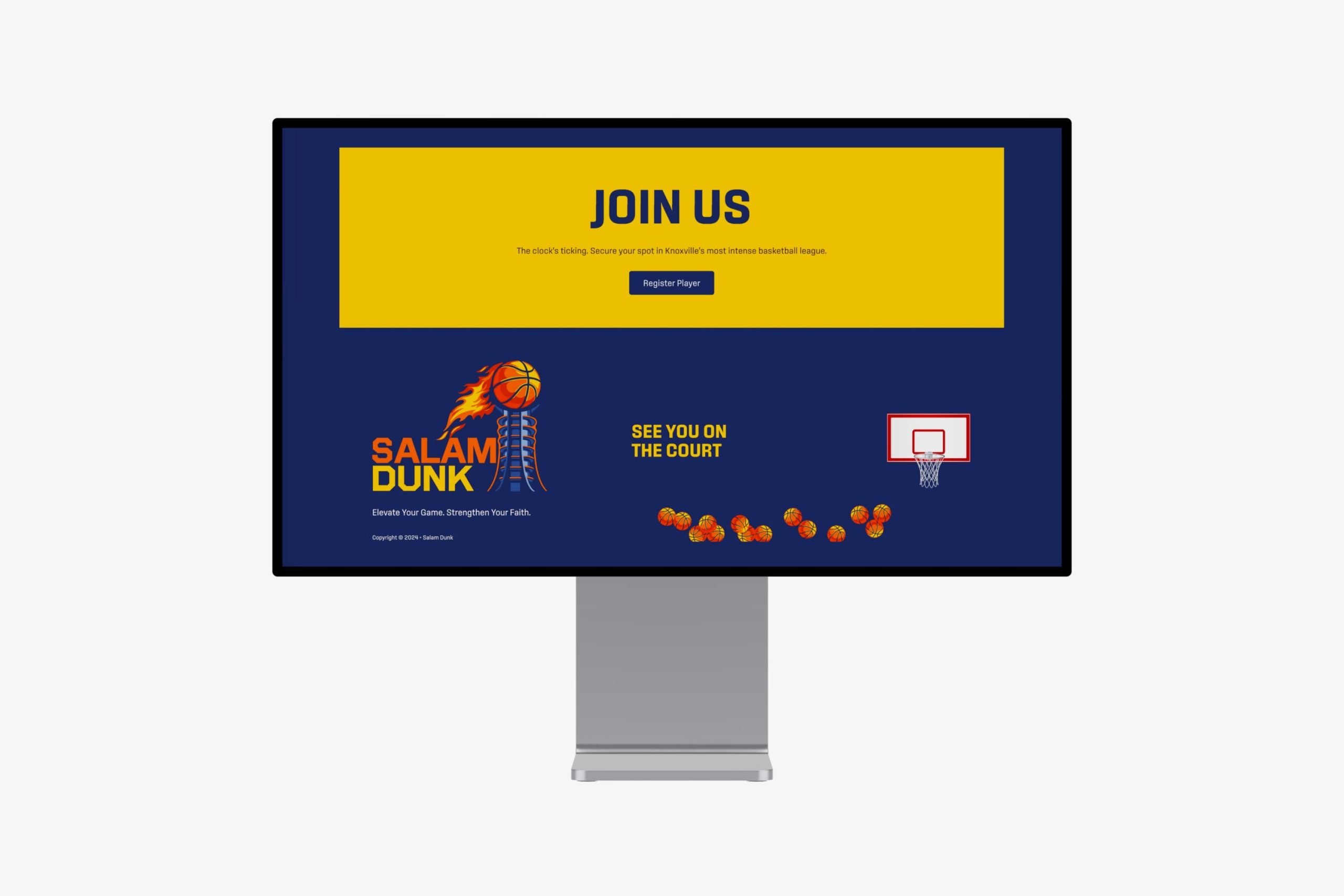 Close-up view of the website section reading See You On The Court with illustrated bouncing basketballs and a basketball hoop graphic.