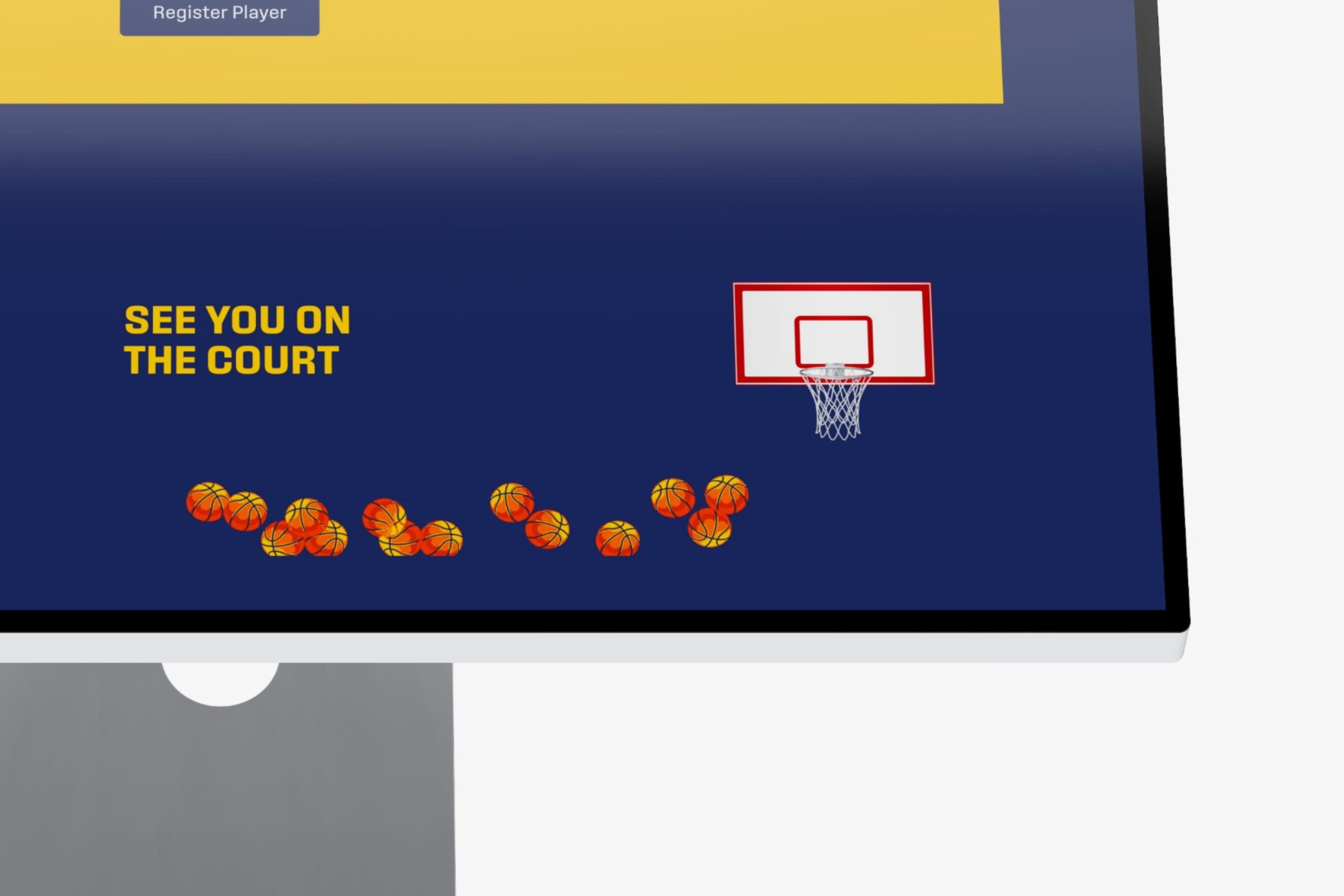 Desktop monitor displaying the Join Us registration call-to-action block with the flaming Sunsphere emblem and hoop illustration.