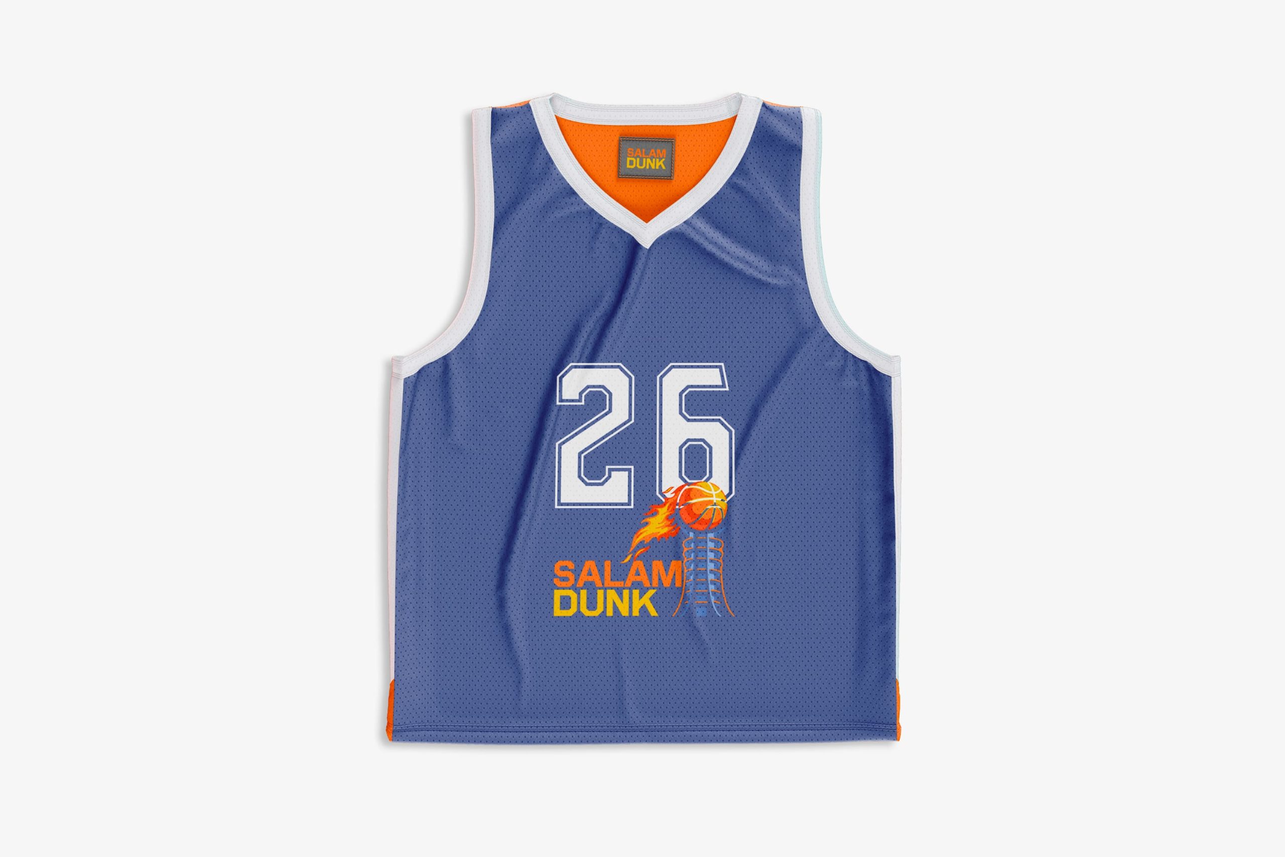 Angled perspective view of a royal blue mesh basketball jersey numbered 26 with white trim, orange lining, and the Salam Dunk chest logo.