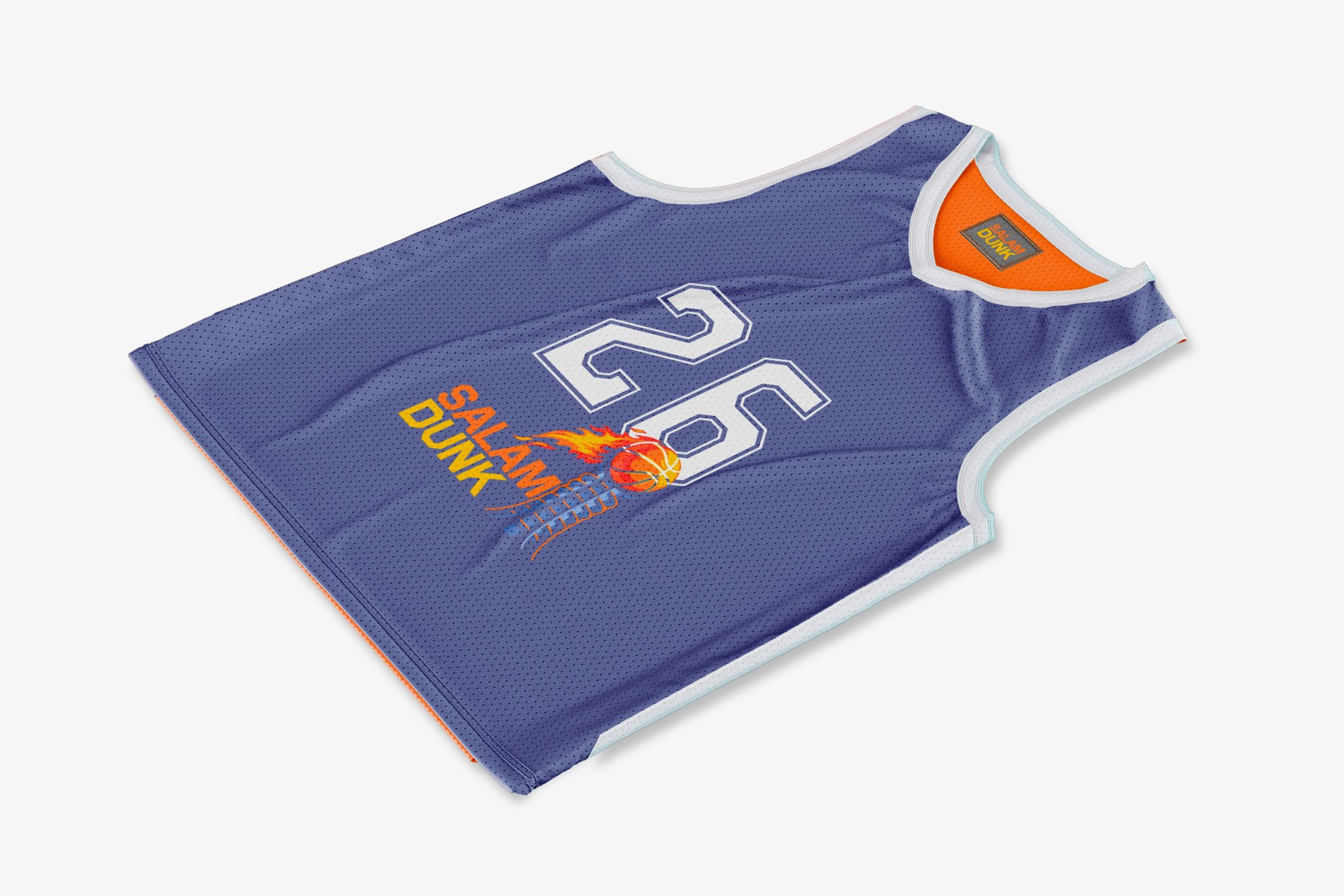 Flat-lay view of the custom blue mesh basketball jersey with white number 26, white striped collar and armhole trim, and chest logo lockup.