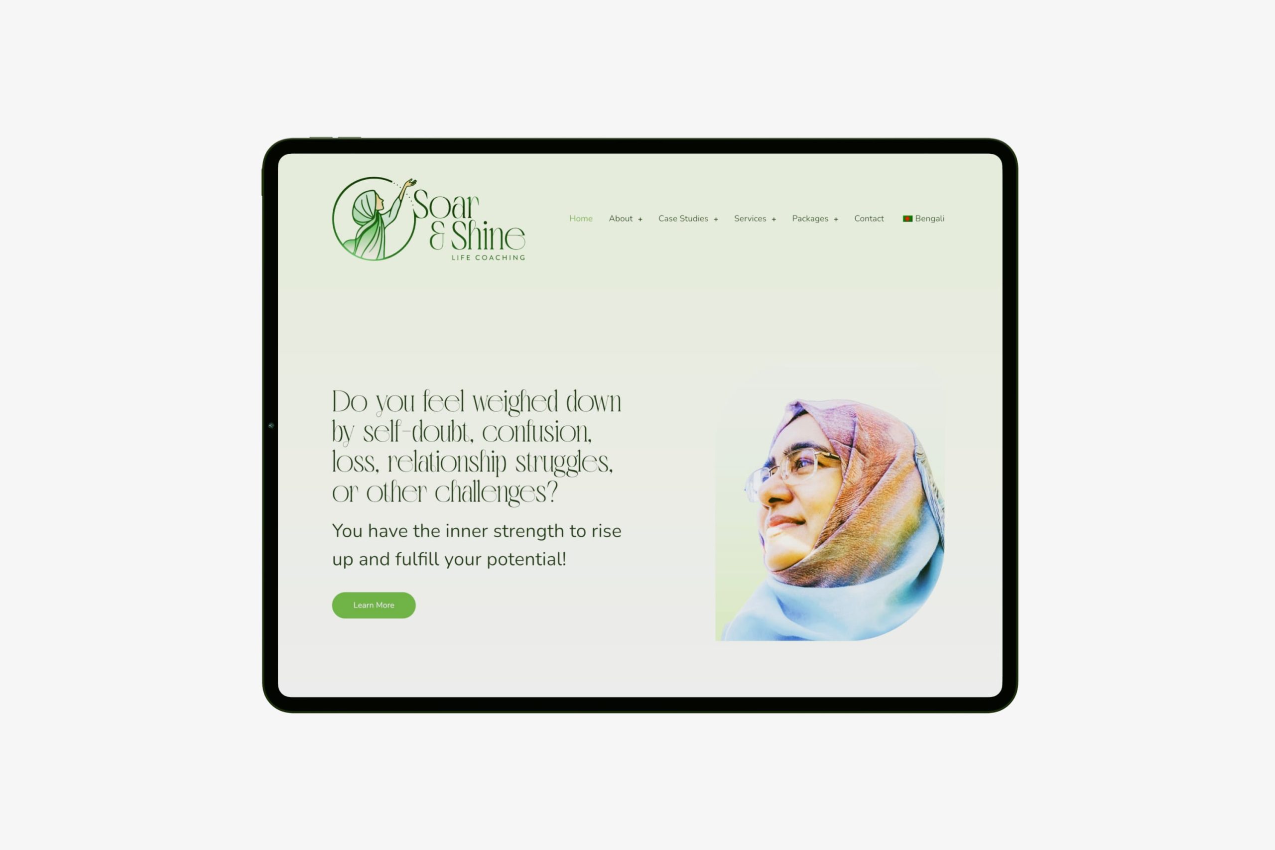 Grid collage of custom vector illustrations depicting Muslim women in everyday moments including conversing, praying, having coffee, and gardening.