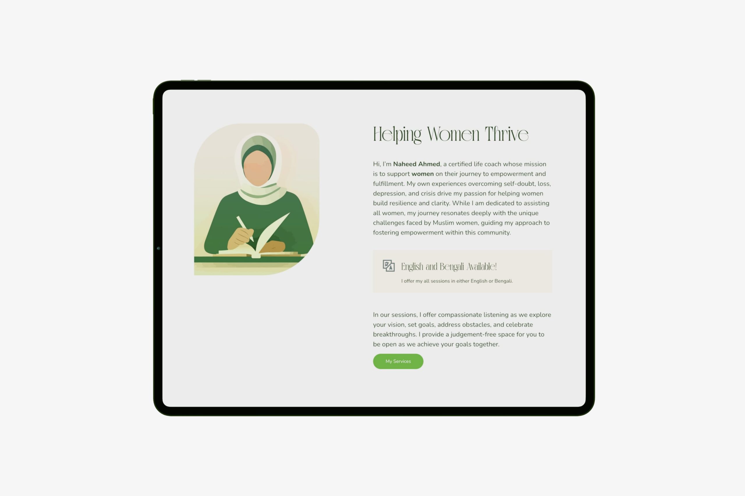 Angled close-up of a tablet screen displaying five service categories including Personal Growth, Building Confidence, Life Transitions, Coping with Adversity, and Spiritual Support.
