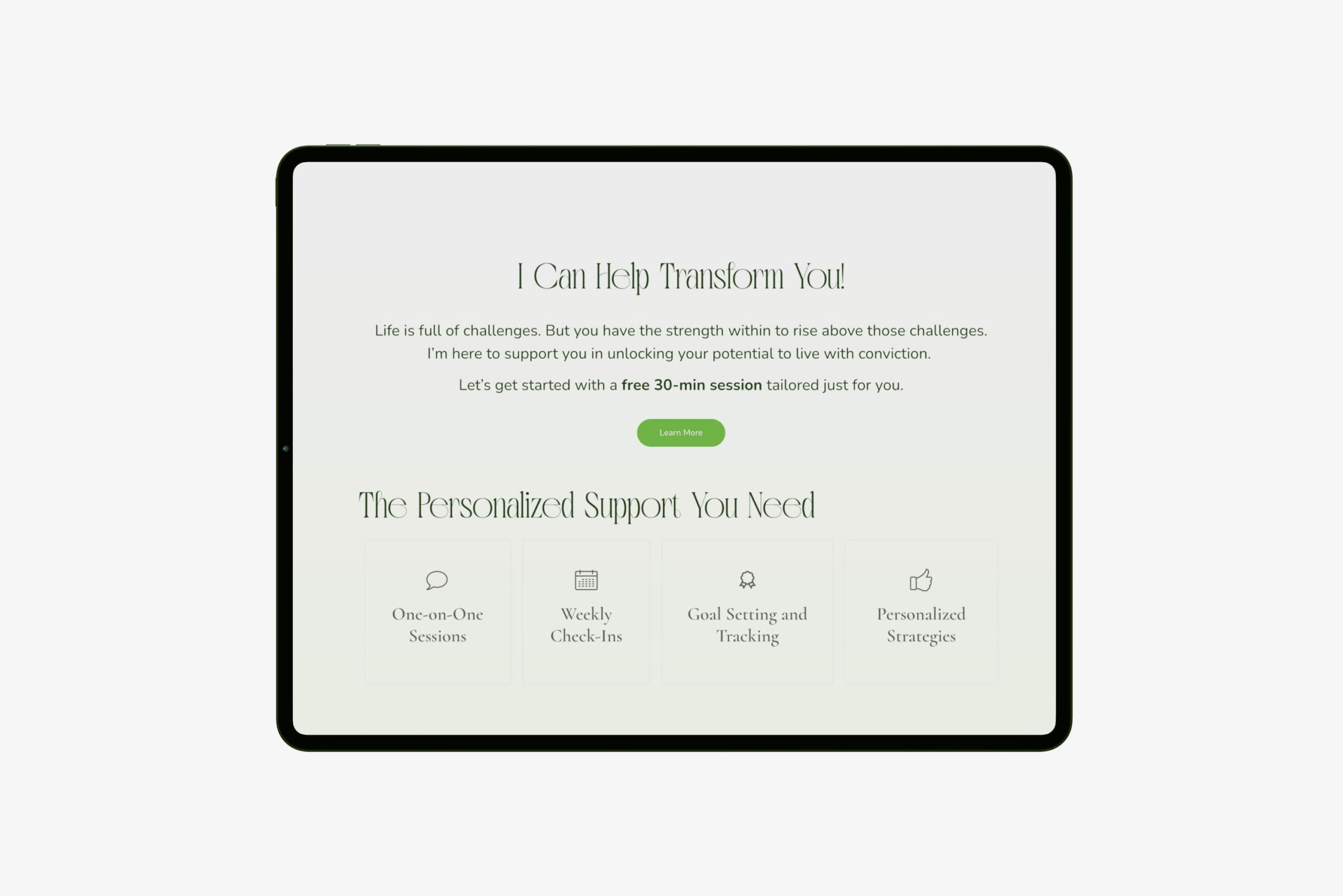 Tablet screen displaying the free 30-minute discovery session offer and four personalized support benefit cards for one-on-one sessions and goal tracking.
