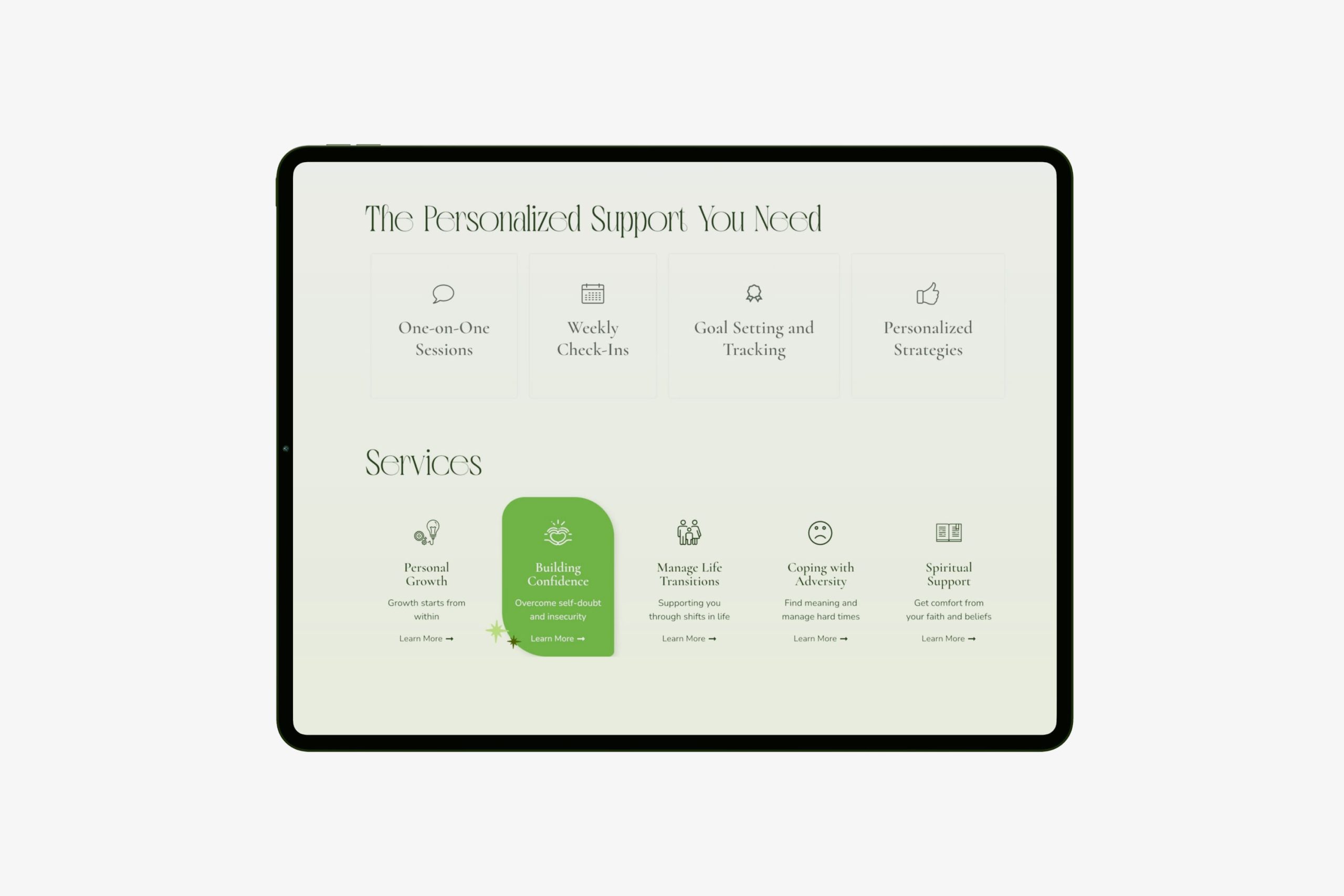 Front-facing tablet screen displaying the four coaching support cards above the five specialized service categories.
