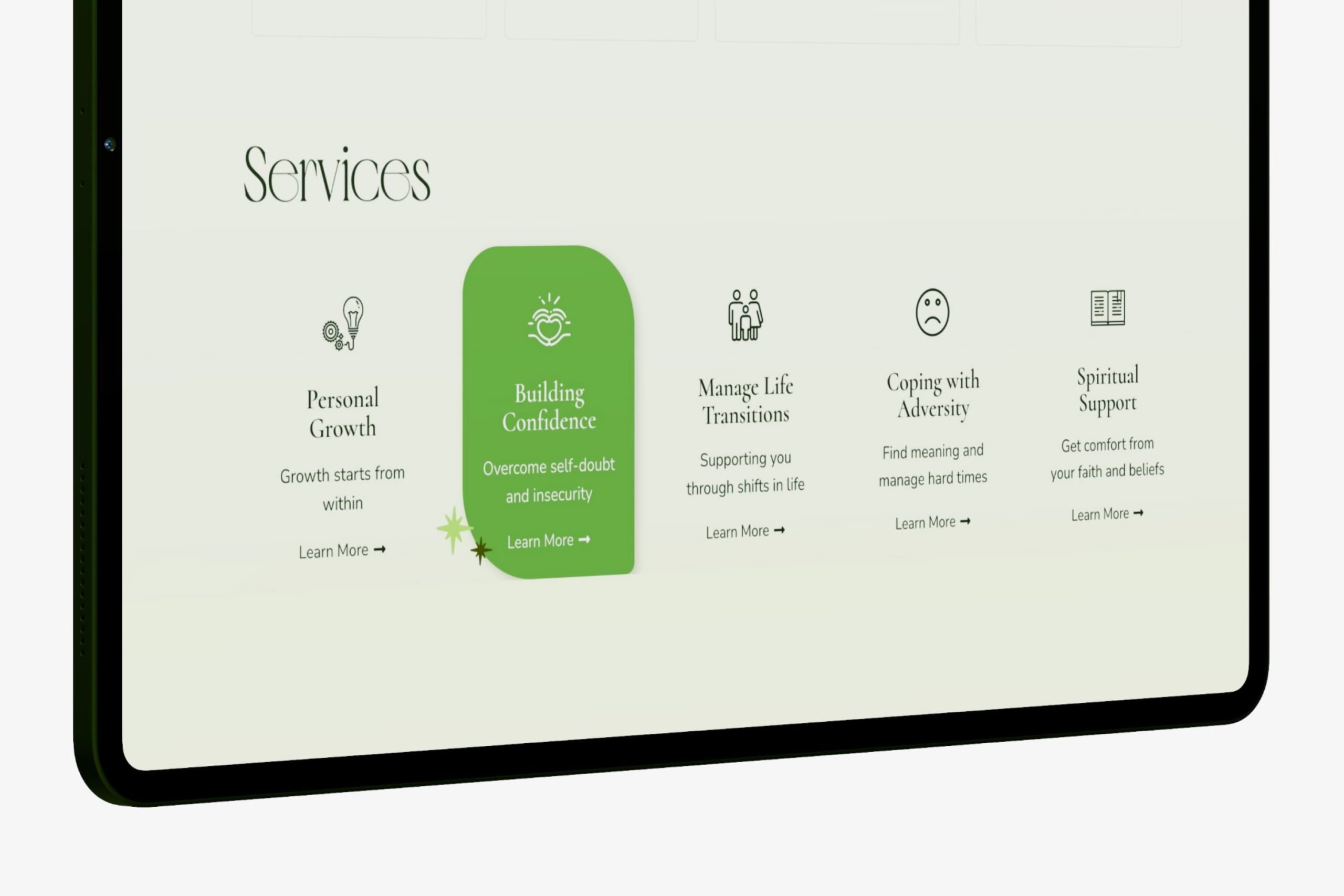 Angled close-up of a tablet screen focusing on the Personalized Support You Need headline and feature cards for sessions, check-ins, and goal setting.
