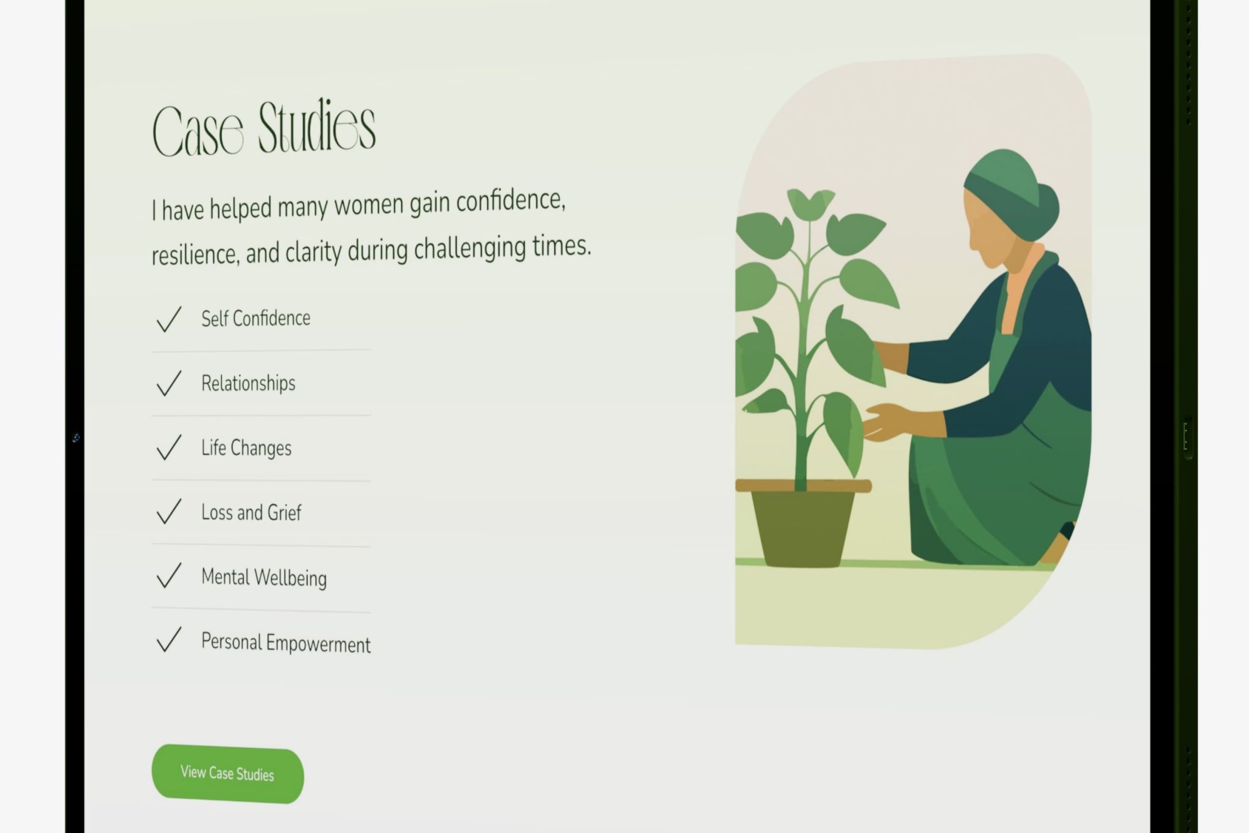 Angled view of a tablet screen displaying the Case Studies section with topic badges for Self Confidence, Relationships, and Life Changes next to an illustration.