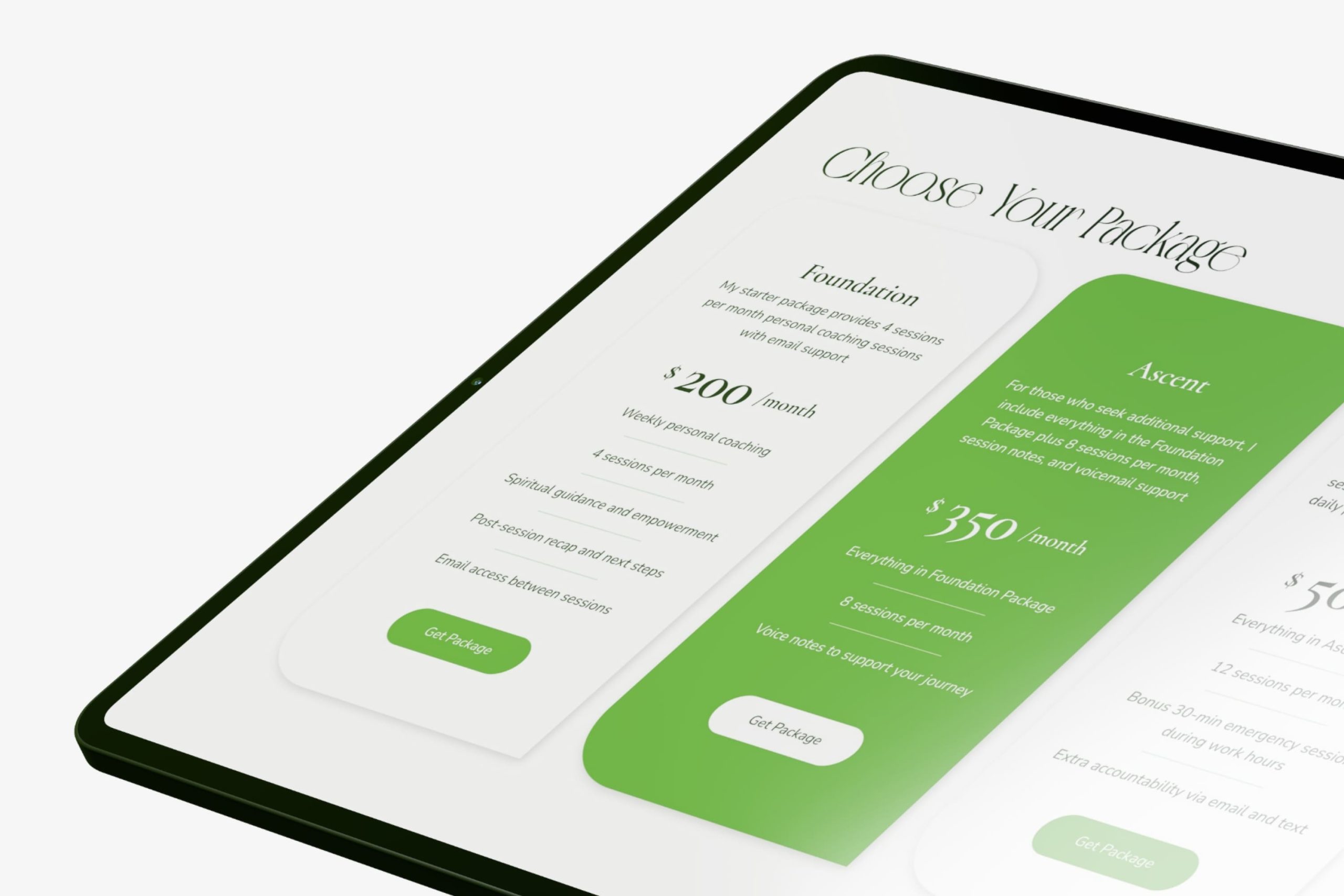 Front-facing tablet screen displaying the Case Studies section with focus areas for mental wellbeing, loss, and personal empowerment.