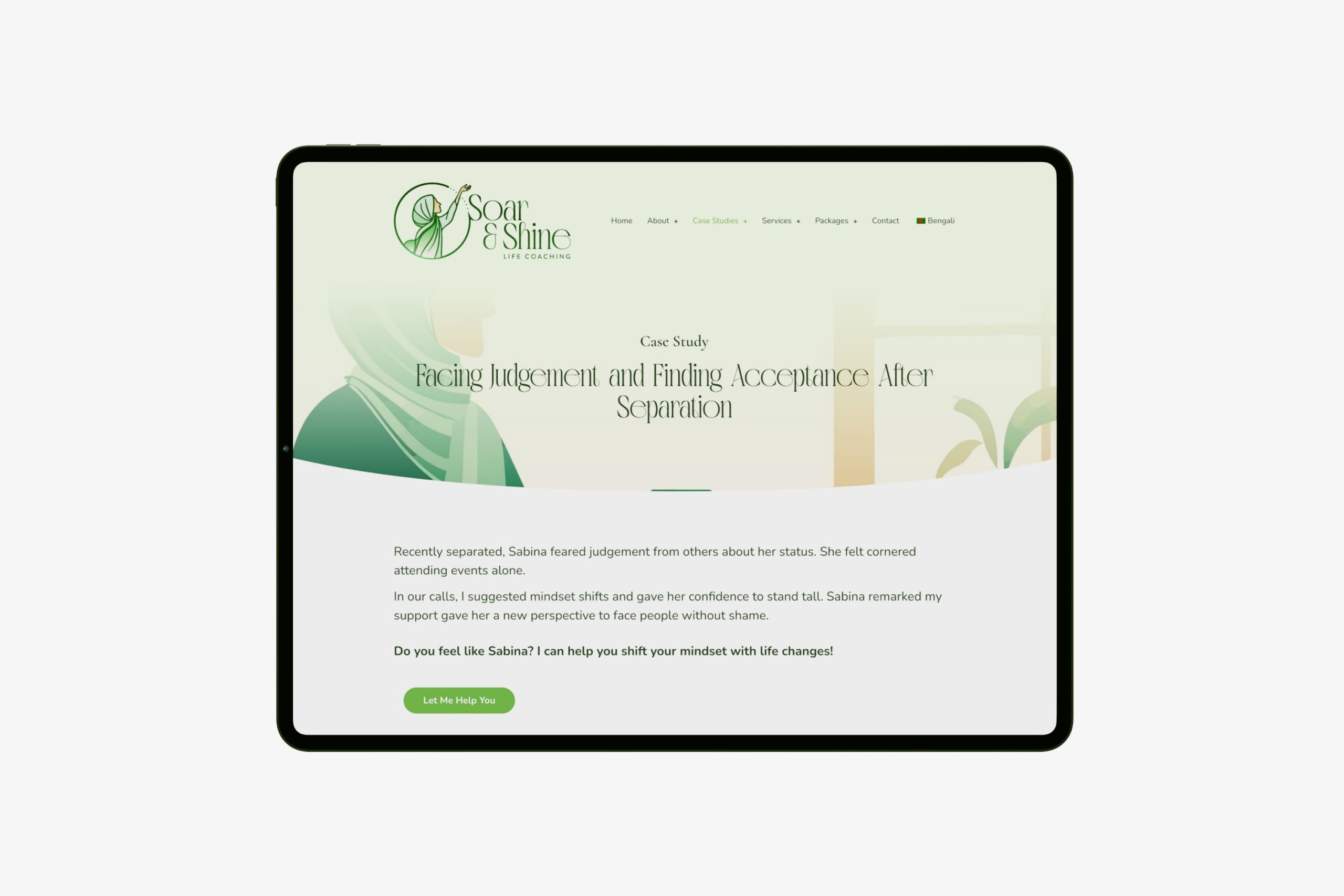 Tablet screen displaying a detailed case study page titled Facing Judgement and Finding Acceptance After Separation with narrative text and a green contact button.