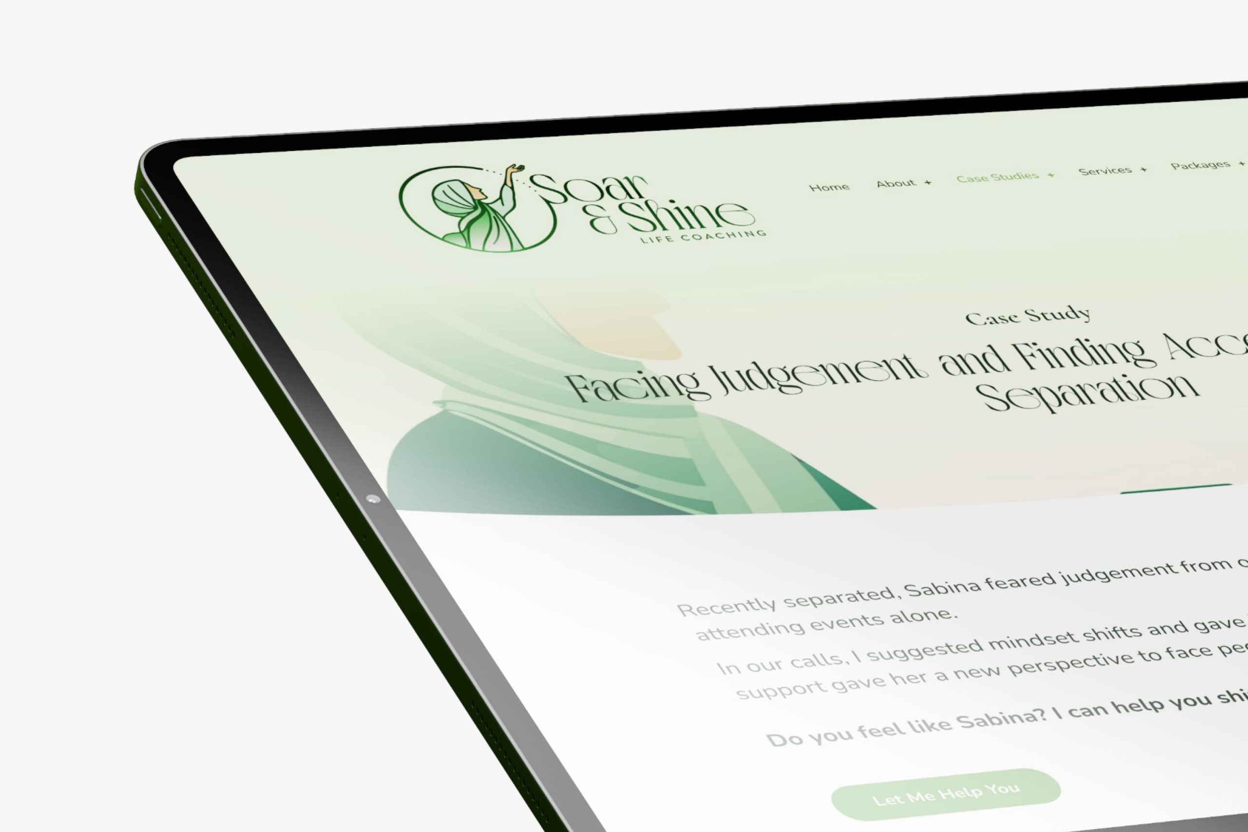 Angled view of a tablet screen displaying the Facing Judgement and Finding Acceptance After Separation client story layout.