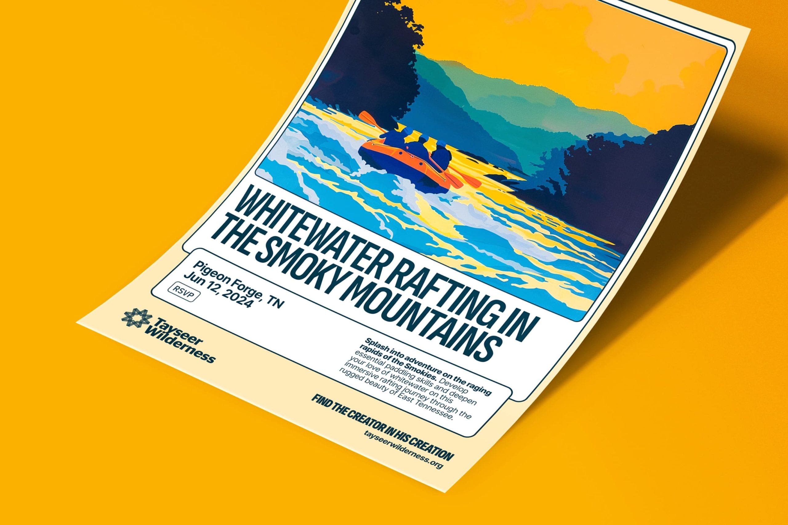 Poster on a yellow surface advertising Whitewater Rafting in the Smoky Mountains with stylized artwork depicting rafters navigating river rapids beneath mountain peaks.