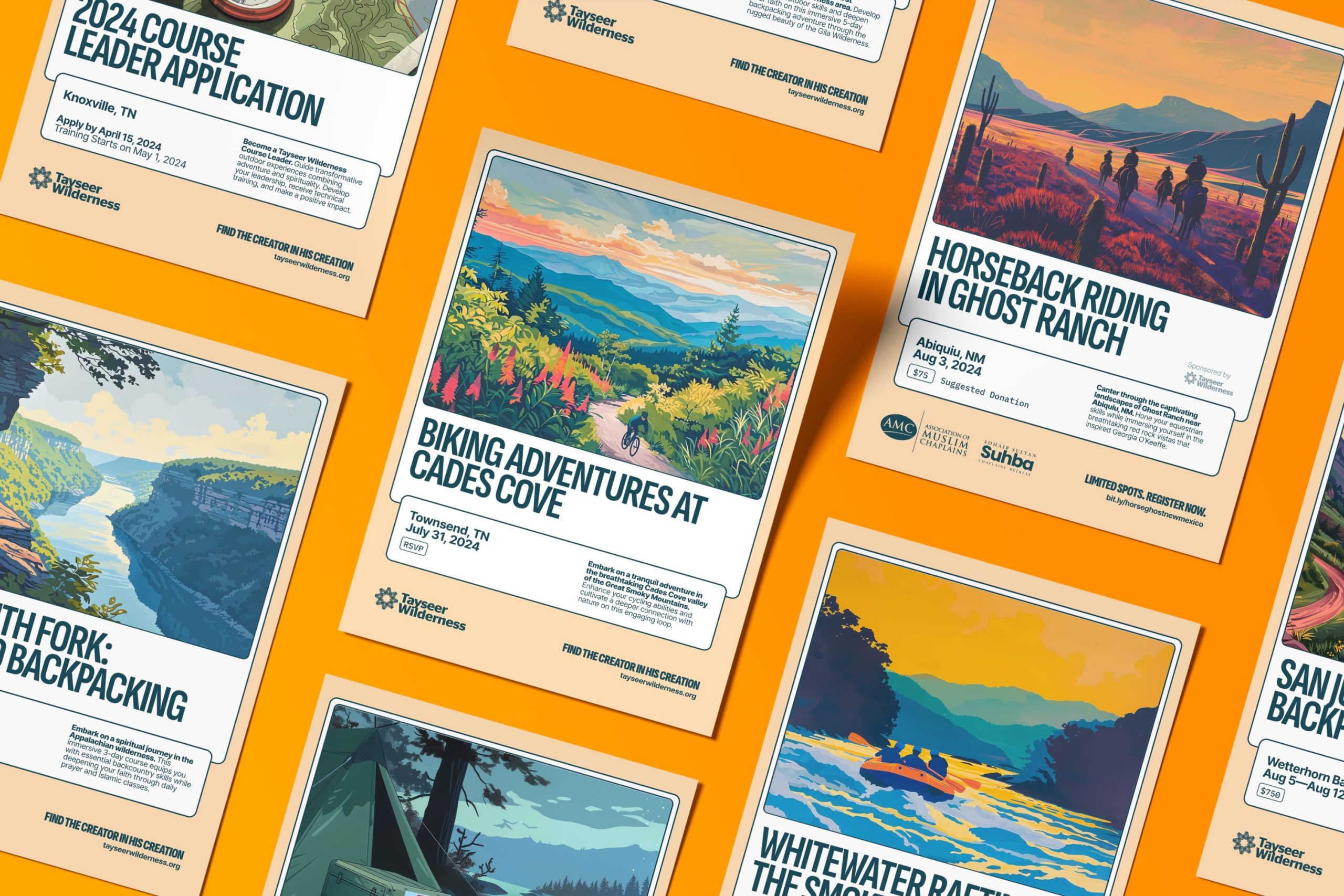 Five illustrated outdoor adventure posters arranged diagonally, advertising rafting, Cades Cove biking, Ghost Ranch horseback riding, and backpacking expeditions.
