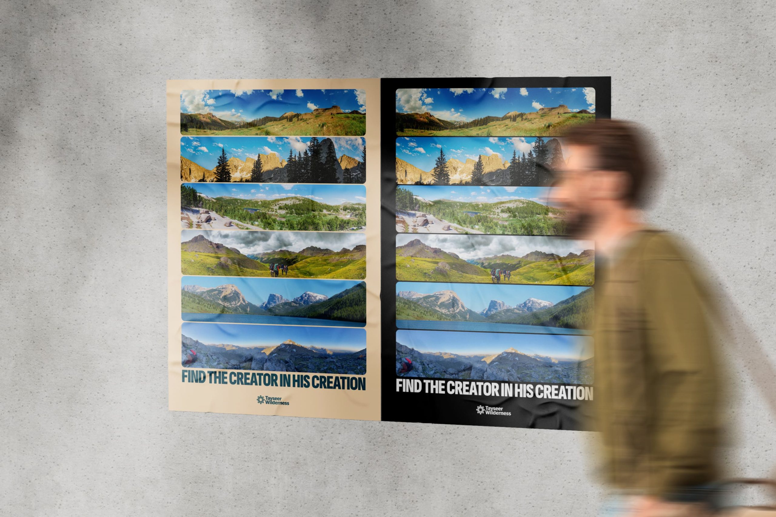 Two large posters mounted on a concrete wall featuring six horizontal panoramic landscape photography strips and the slogan Find the Creator in His Creation.