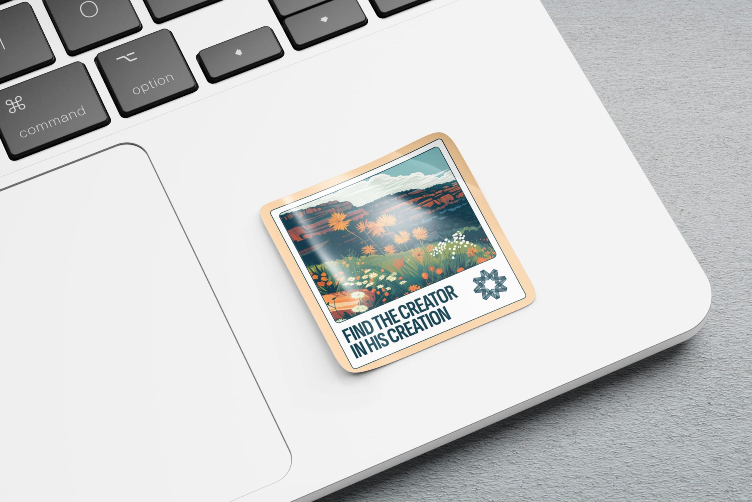 Square die-cut sticker placed beside a laptop trackpad, featuring an illustrated canyon and wildflower meadow with the slogan Find the Creator in His Creation.